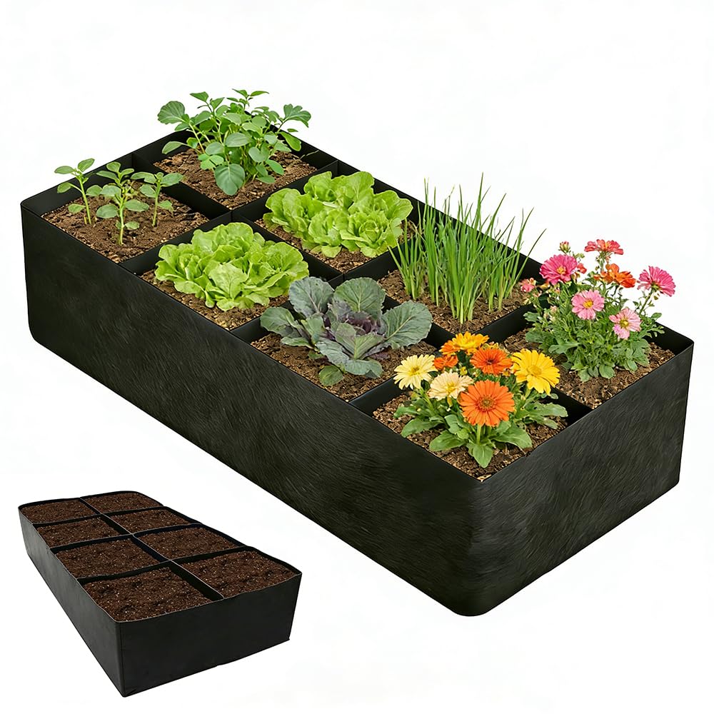 Weciau Fabric Raised Garden Bed, 180x90x30Cm Plant Grow Bags with 8 Grids, Durable Outdoor Indoor Vegetable Growing Containers, Rectangle Fabric Pots for Growing Herbs Flowers Vegetables Potatoes