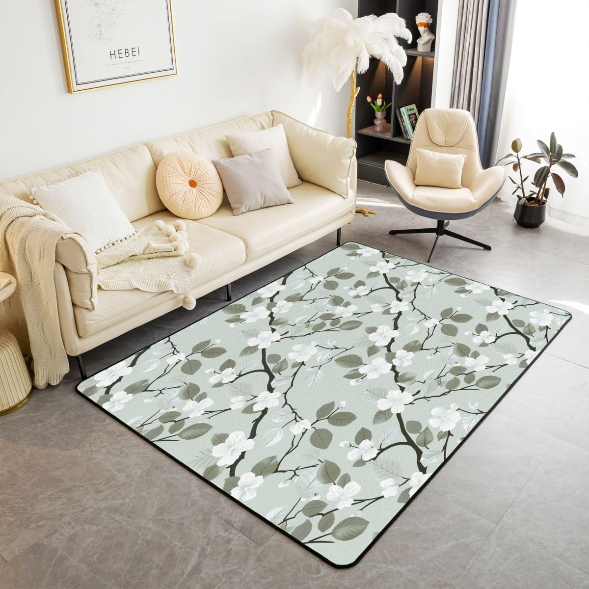Homewish Tapis Salon 100x150cm Fleurs Boho Tapis Chambre Feuilles Floral Printemps Tapis Sol Botanique Vert Sauge Décoration D'Intérieur Branche d'arbre
