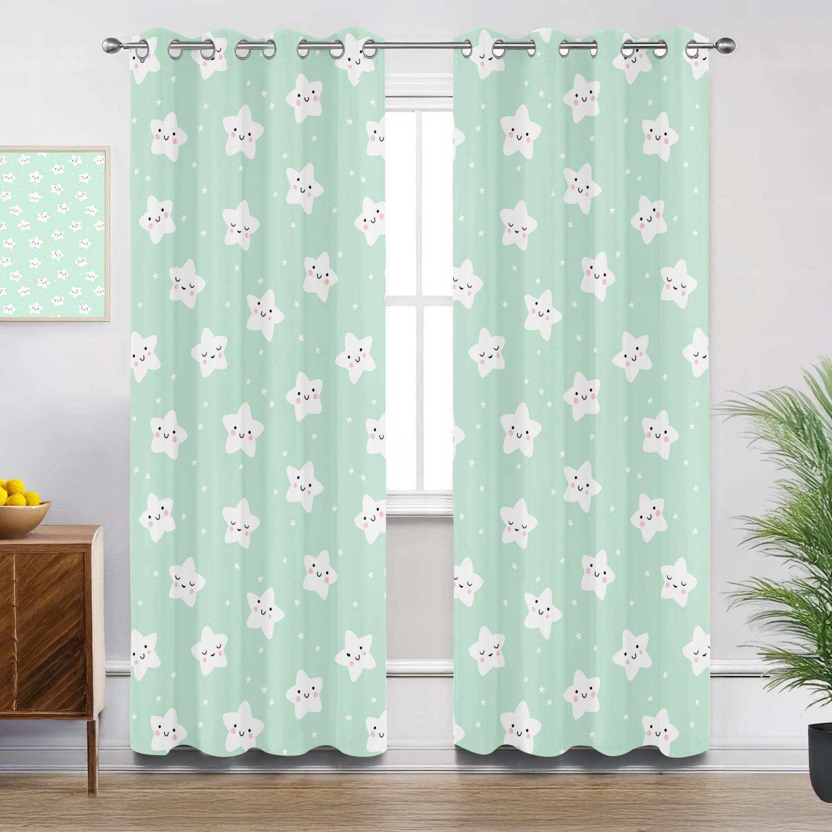 Stars Curtains for Living Room, Green Cute Cartoon Stars Polka Dot Kids Blackout Curtains Thermal Insulated Extra Long Bedroom Curtain Eyelet, W90 X D108, 2 Panels Drapes Home Decorations