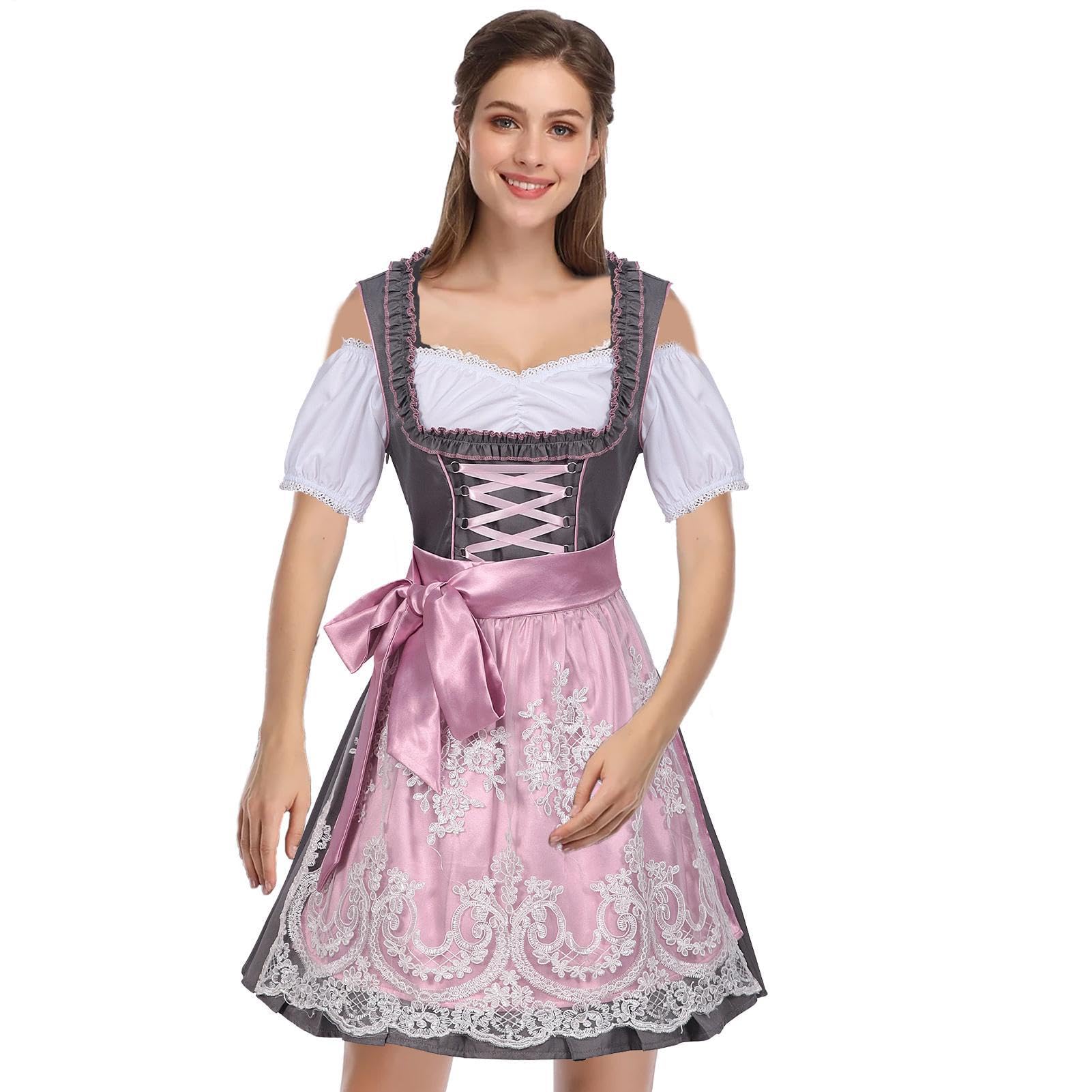 Women Dirndl Dress,Women's German Dirndl Dress Stroje na Oktoberfest | Różowa fartuchowa niemiecka sukienka bawarska na Halloween karnawałowy festiwal piwa impreza