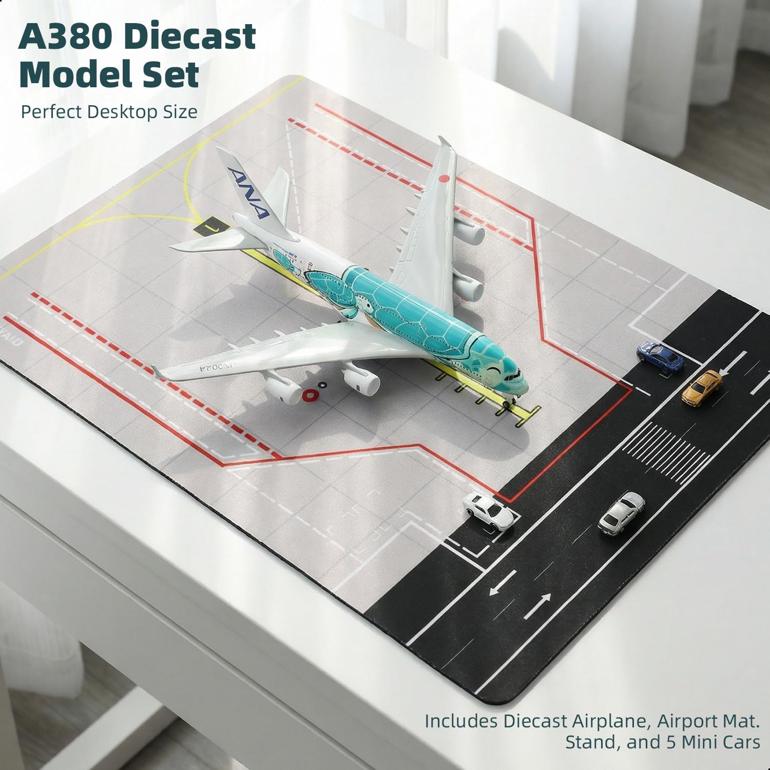 Maquette d'avion ANA A380 Green Turtle au 1/300, avec Tapis d'aéroport en Caoutchouc et 5 Voitures. Maquette d'avion en métal,Cadeaux pour Les passionnés d'aviation (Tapis : 25 x 35 cm).