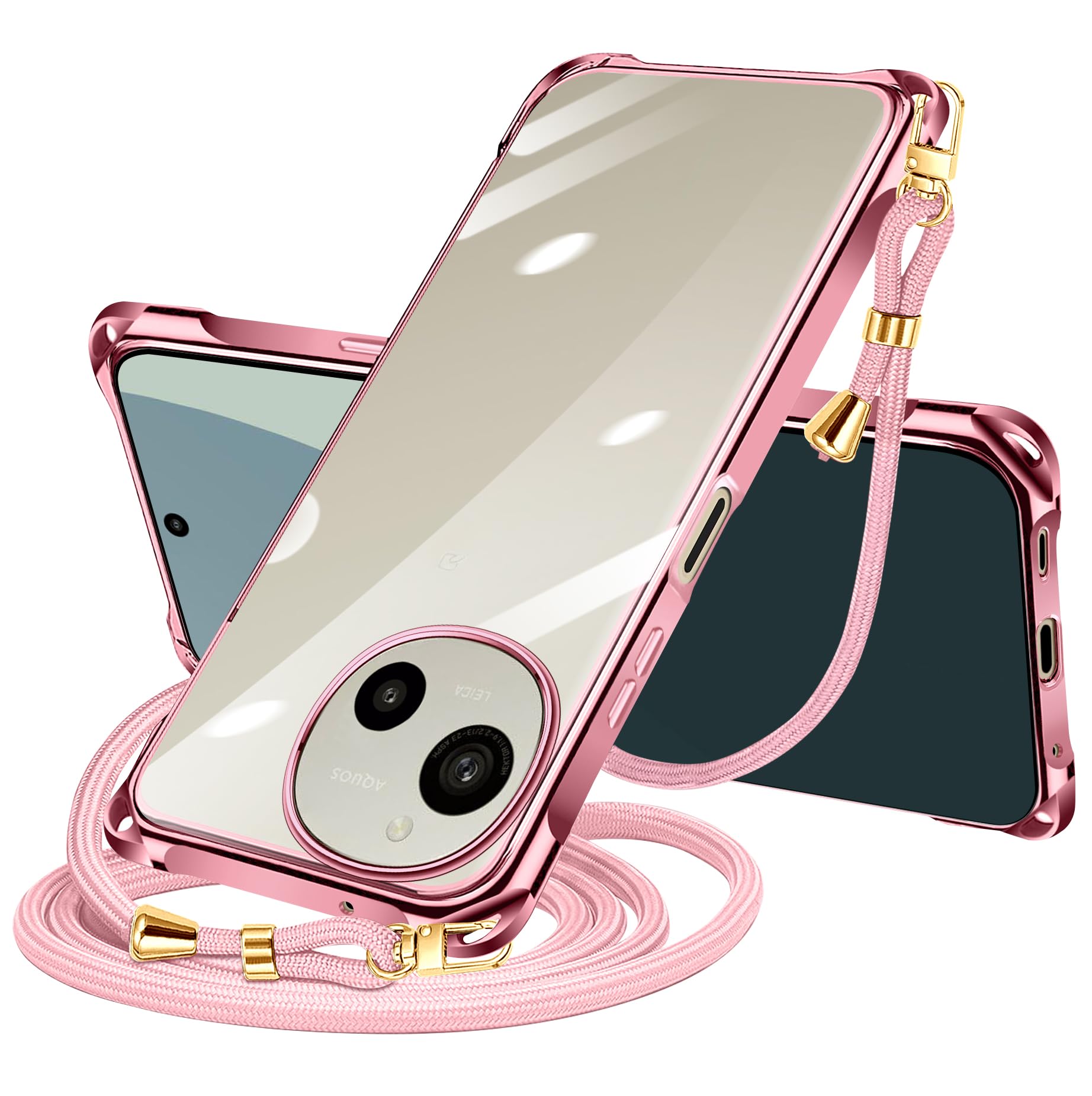AQUOS Sense9 / Sense10 ケース クリア ショルダー sense9 / sense10 スマホケース アクオスセンス9 / アクオスセンス10 カバー 肩掛け 斜めかけ 縄掛けケース 透明 TPU 薄型 耐衝撃 紐付き 斜めがけ 織りストラップ付き ネックストラップ ショルダー 縦/横2WAY 長さ調整可能 取り外し可能 落下防止 紛失防止 (ローズゴールド)