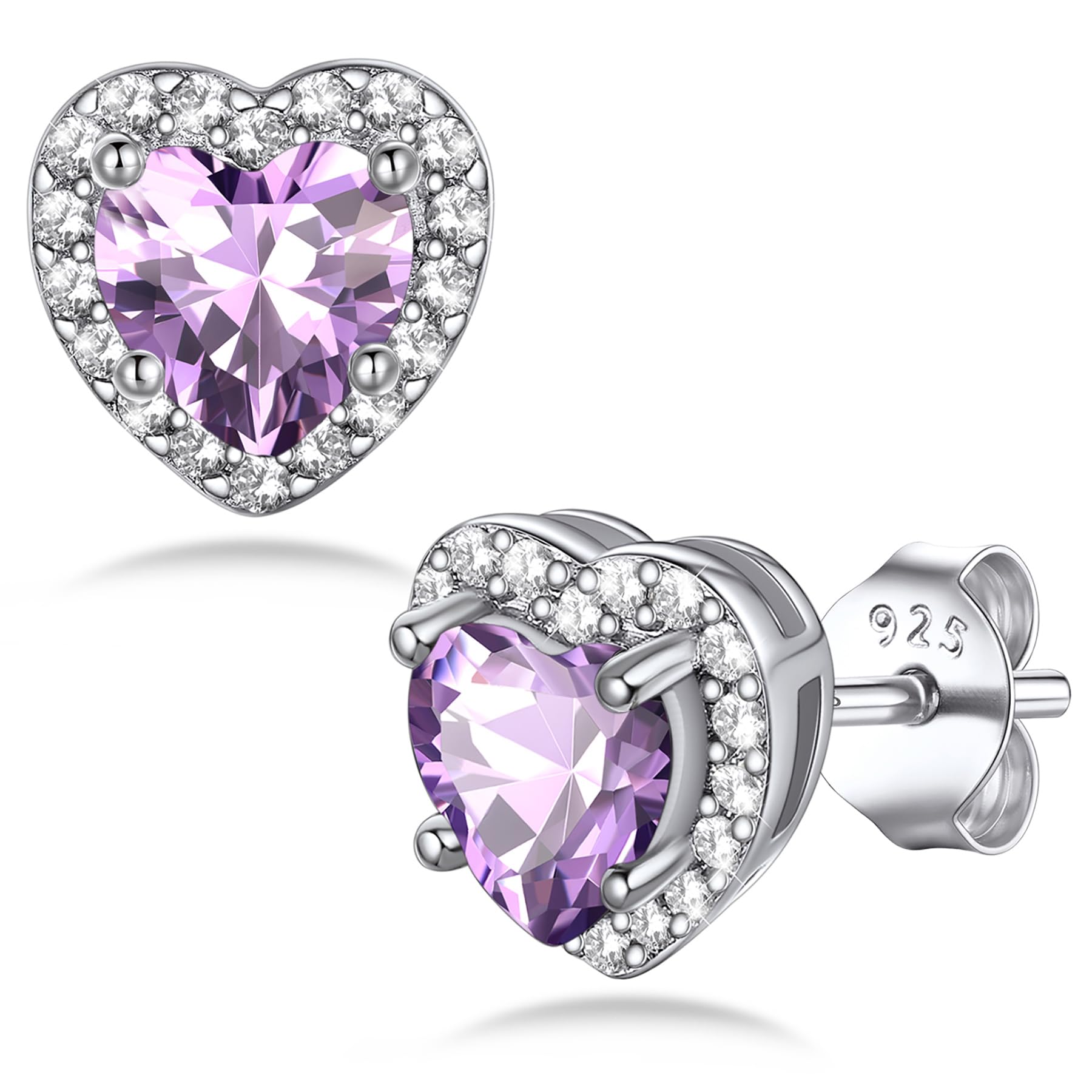 Bestyle Sparkling 925 Sterling Silver Birthstone Stud Earrings for Women, Heart/Round/Teardrop/Square Solitaire Diamond Studs Earrings, Great Birthday/Christmas Gifts