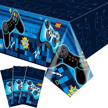 Video Game Rectangular Tablecloth, 3 Pcs Blue PE Plastic Disposable, 54 x 108, for Boys Gamer Birthday Party Decorations