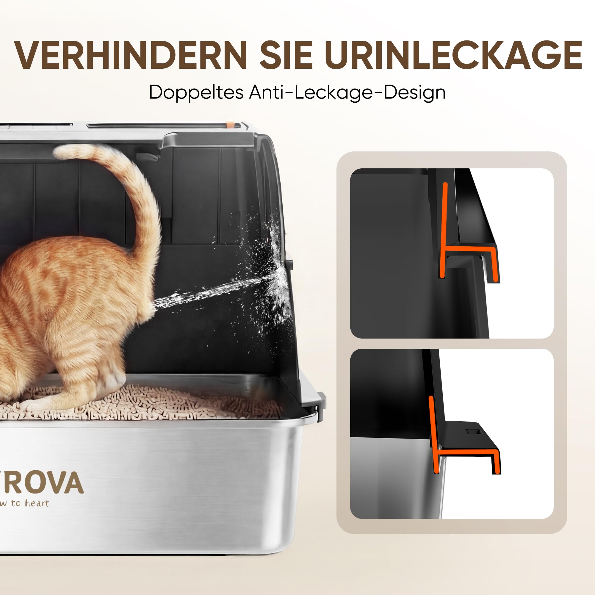 XL Katzenklo aus V2A-Edelstahl mit Klappdeckel, geschlossen | V2A-Edelstahl, rostfrei, geruchsresistent, hoher Rand gegen Urinspritzer, leicht zu reinigen, Schaufel & Matte inklusive