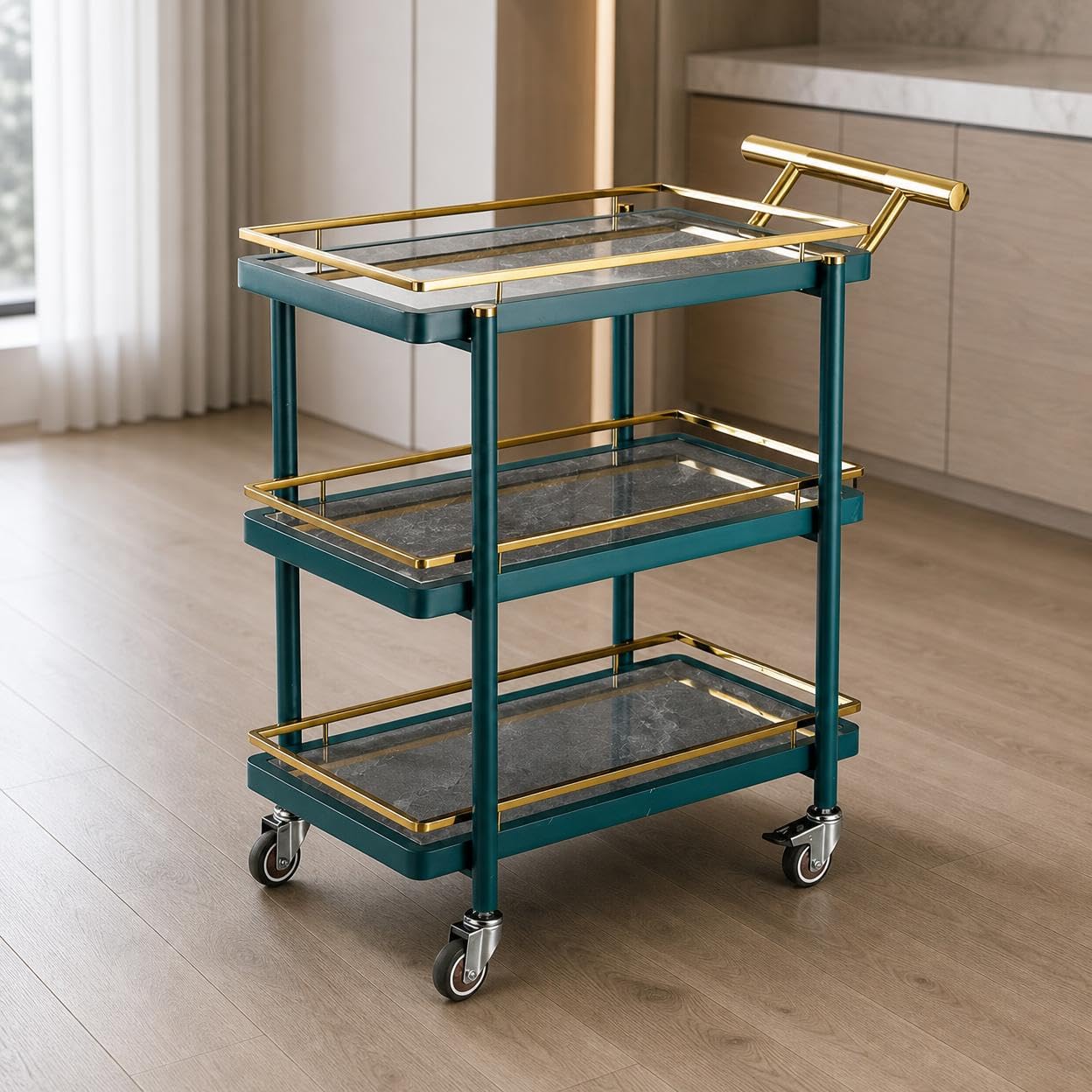 Carrito Auxiliar con Ruedas Silenciosas, Camarera Servicio 3 Niveles, Mueble y Vidrio, Verde Oscuro
