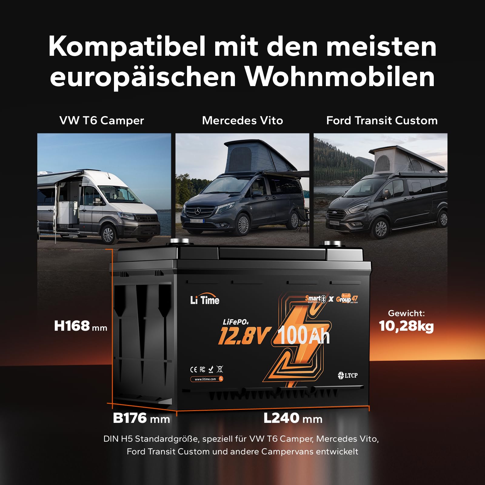 LiTime LiFePO4 12V 100Ah Bluetooth Lithium Batterie, H168 DIN H5 Untersitz-Akku mit 100A BMS & Niedrigtemperaturschutz 1280Wh Energie für Wohnmobil, Boot & Off-Grid Solaranlage
