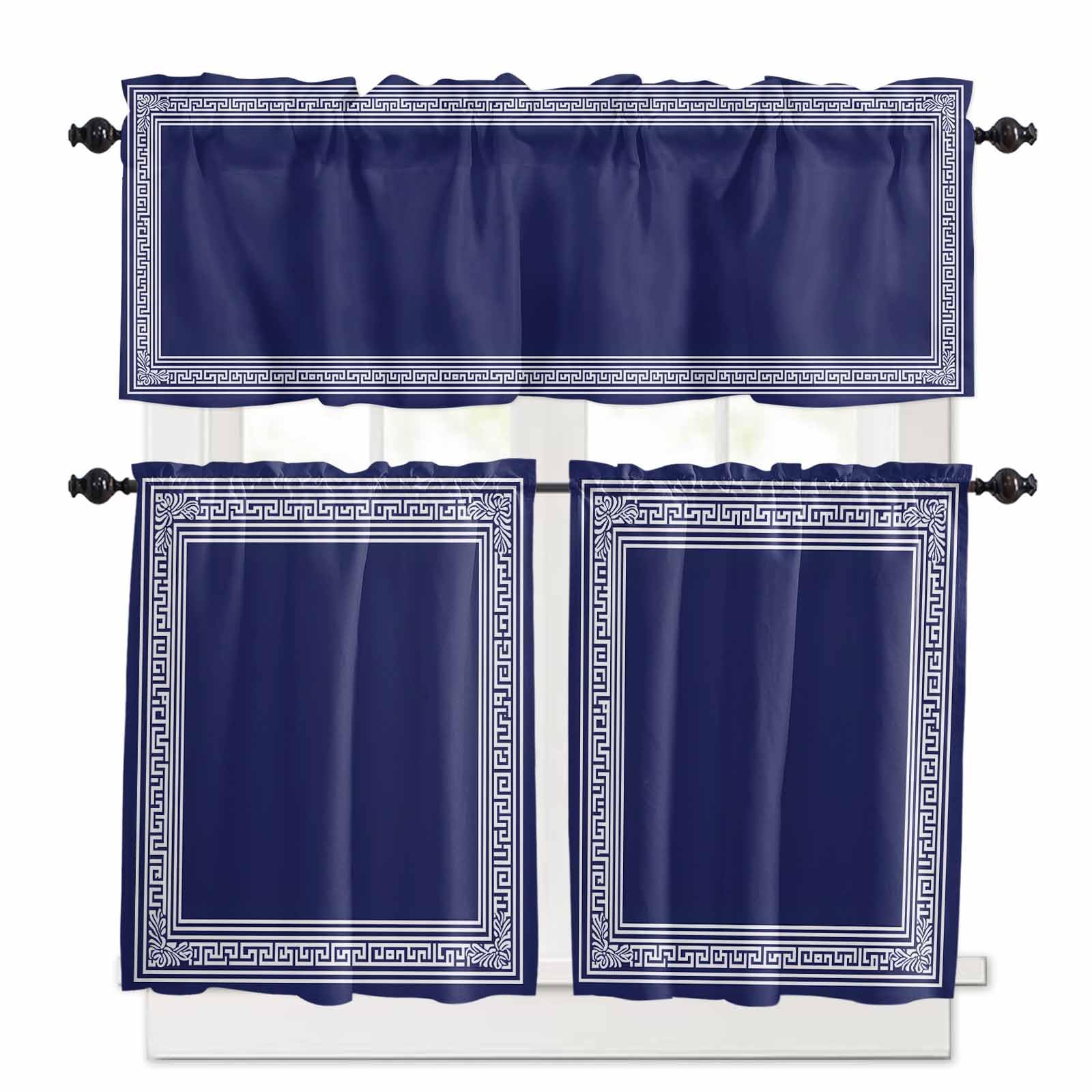 Navy Blue Geometric Kitchen Curtains 24 Inch Length, 3 Piece Rod Pocket Small Half Tiers and Valance Set, White Greek Key Farmhouse Small Large Window Treatment Decor for Bedroom/Bathroom Sink