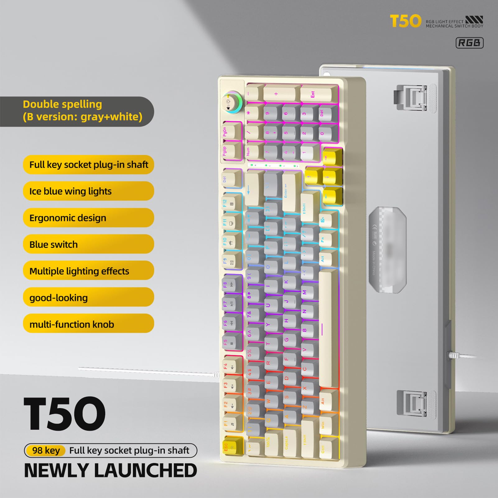 LICAEVEY Klawiatura Mechaniczna T WOLF T50 RGB, 98 Klawiszy z możliwością Wymiany Podczas Pracy, Niebieski Przełącznik z Dynamicznym Oświetleniem RGB o 16,8 Mln Kolorów, Ergonomiczna (Beżowy Szary
