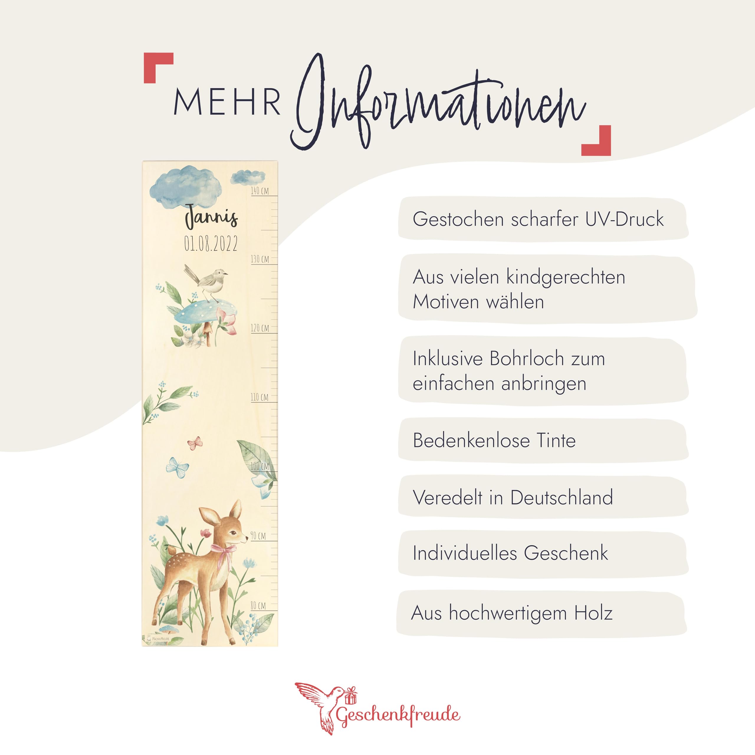 Geschenkfreude Messlatte Kinder personalisert 80-140cm - mit Rehmotiven als Dekoration fürs Kinderzimmer - personalisierte Messlatte Kinder Holz - tolles Geschenk zur Geburt - Maßband Wand