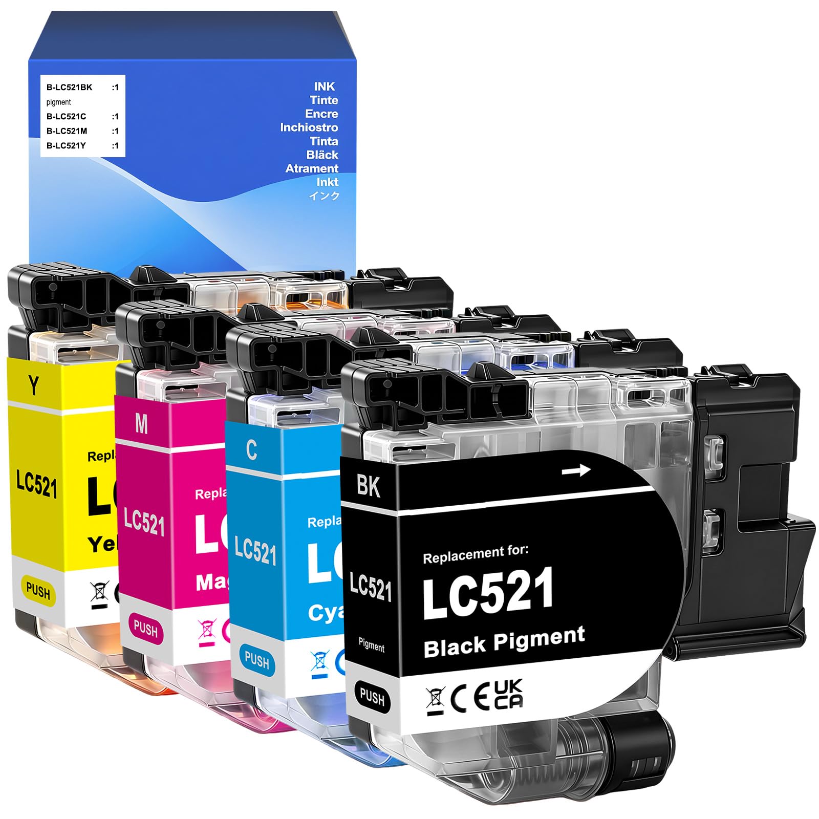 LC521 LC521VAL Cartucho de Tinta Compatible para Brother DCPJ1260W DCPJ1310DW DCPJ1313DW DCPJ1360DW DCPJ1460DW Impresora LC521BK LC521C LC-521M LC-521Y (4-Pack)