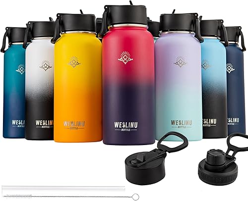 Miniatura 9 de LANGE HOME Botella de agua de acero inoxidable  Botella de agua deportiva aislada con popote y diseño degradado rojo morado, botella de agua fría