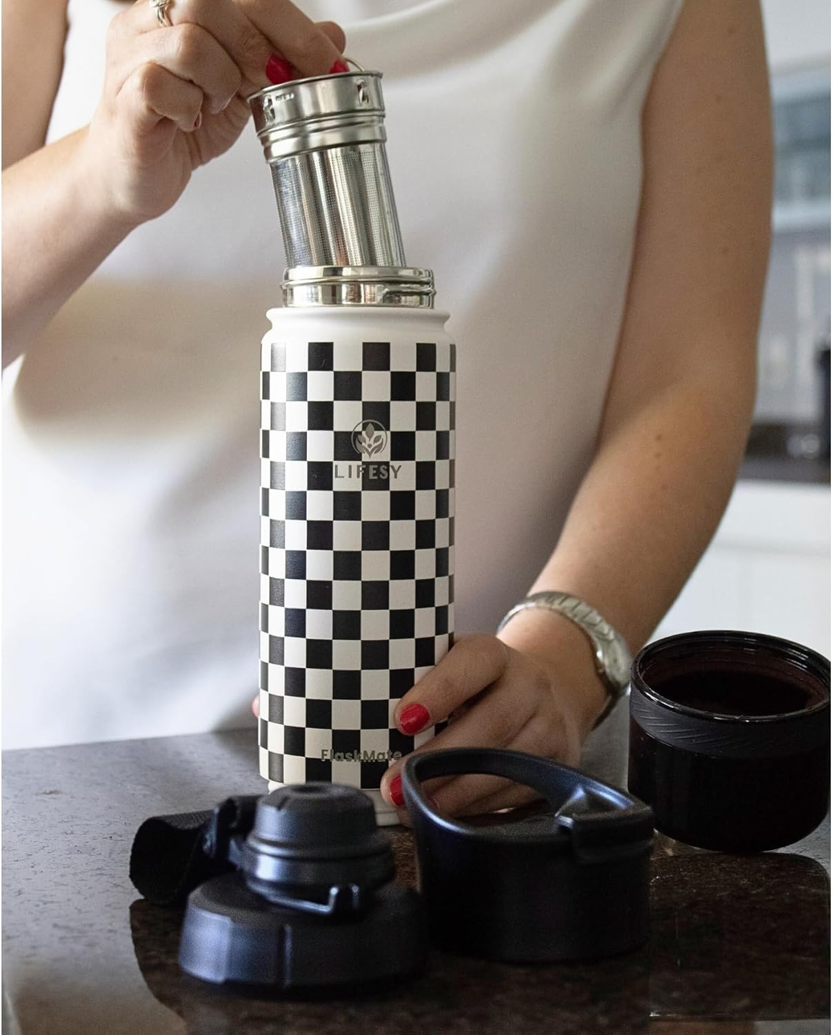 Cold Brew & Tea Infuser Bottle – 18oz Travel Water Bottle with Storage, Dual Lids & Coffee Filter – Fruit Water & Coffee Maker – FLASKMATE All-in-One System (Classic Chess)