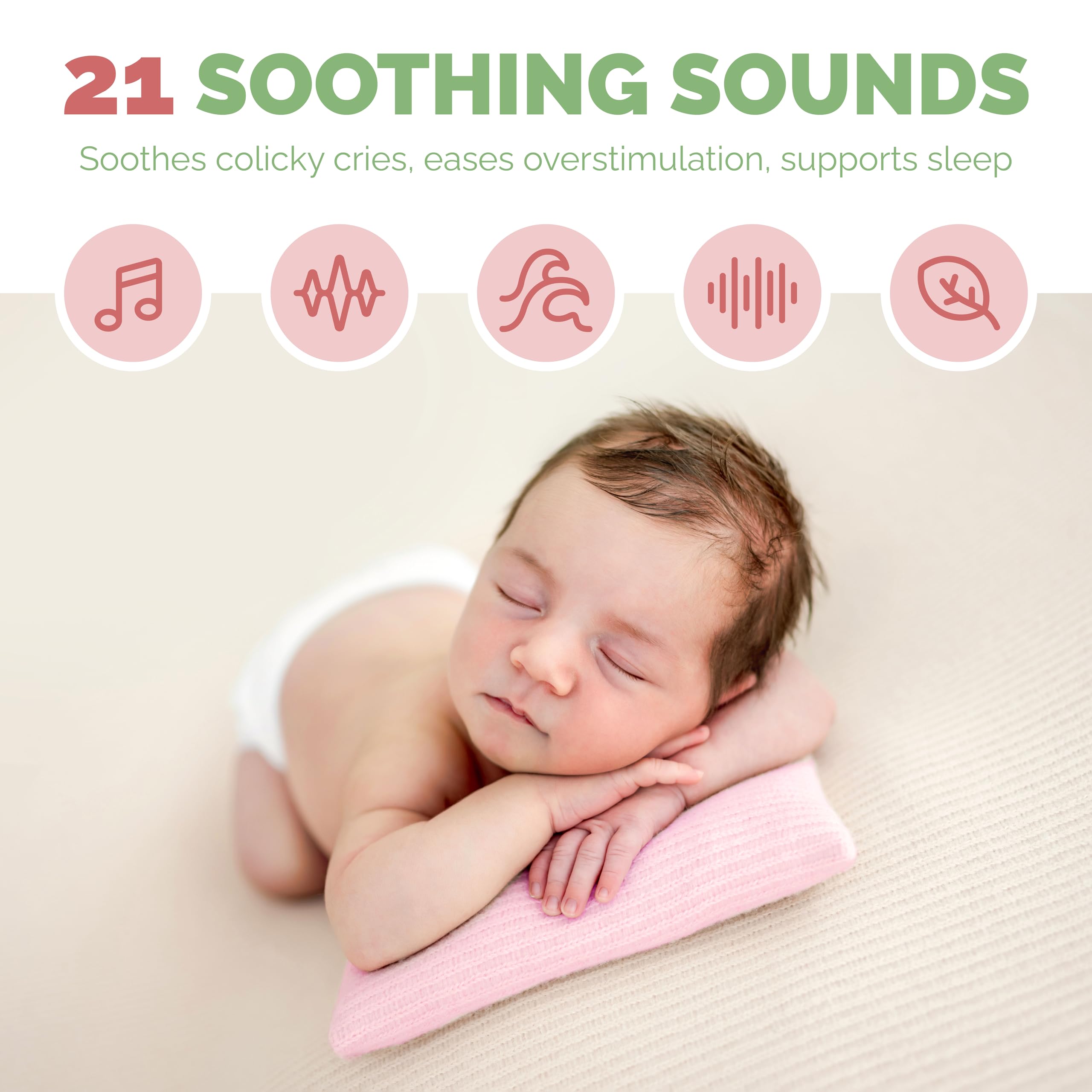 Máquina de sonido de ruido blanco para alivio de cólicos para bebés, máquina de sonido recargable para alivio de gases para recién nacidos, portátil con batería de larga duración, 21