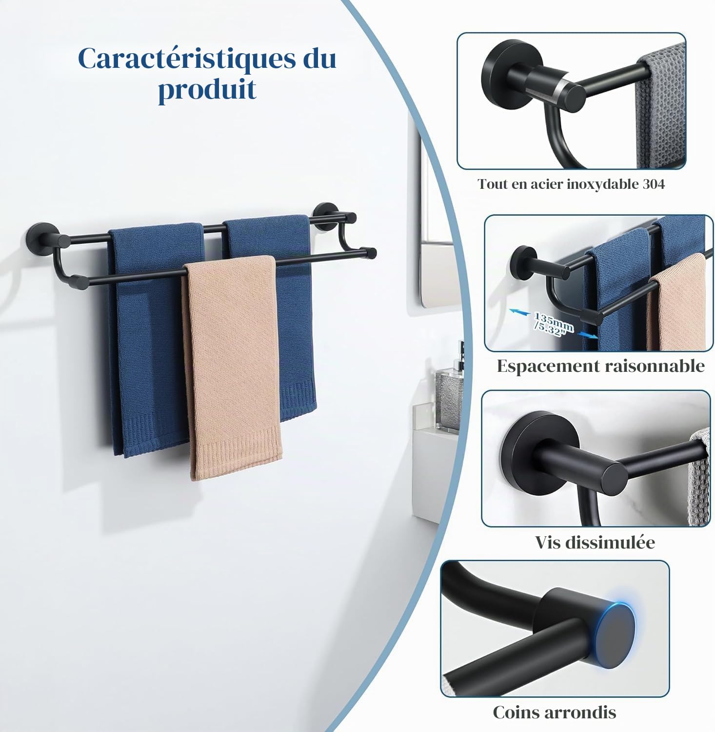 Mooche Porte Serviette Mural 61.6 CM, Support Serviette SUS304