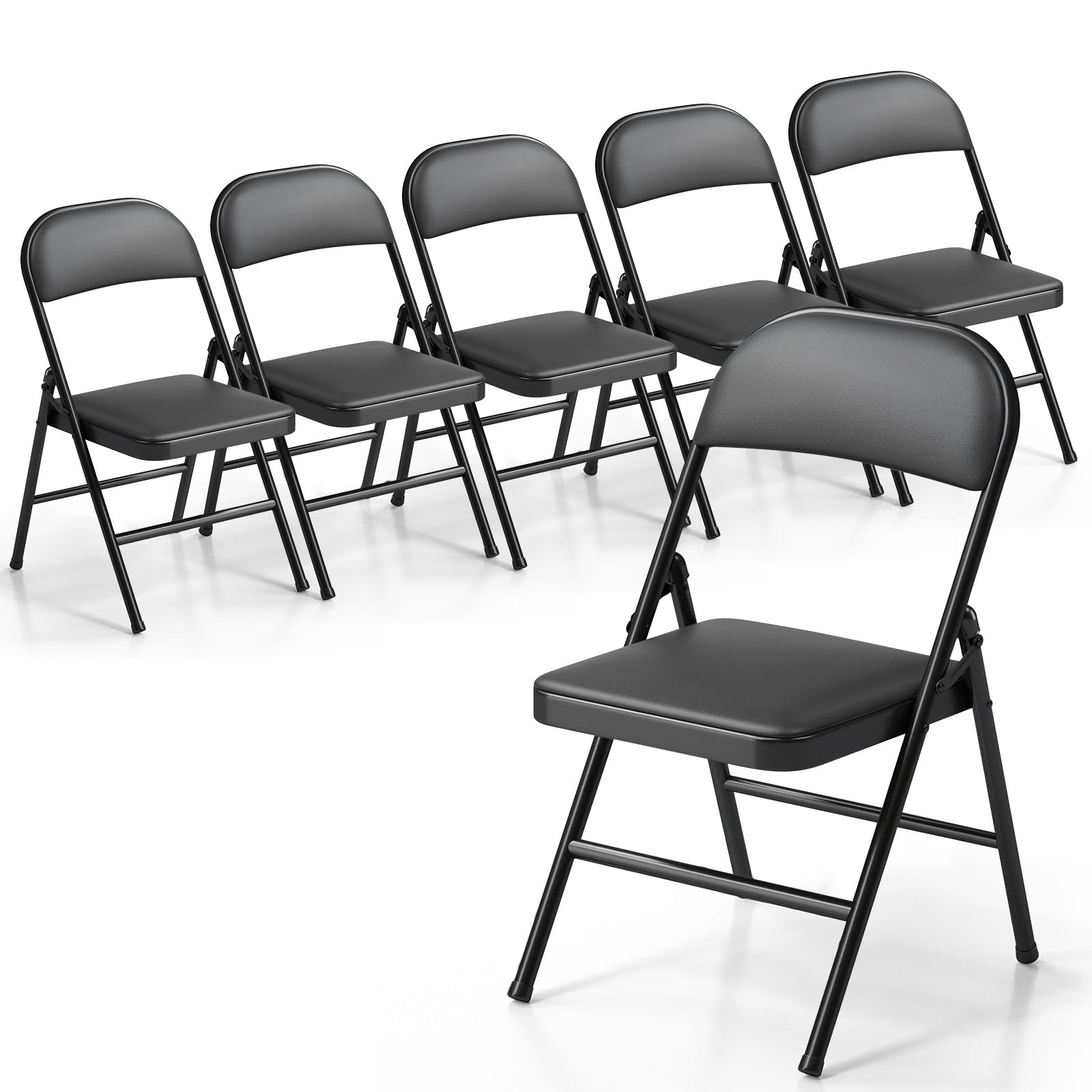 RUIE Chaises Pliantes Lot de 6 Cuir PU, Chaise Métal Rembourrée, Chaises pour Cuisine Bureau Camping Balcon Jardin Salle à Manger, Chaise Pliante Exterieur, jusqu'à 158Kg, Noir