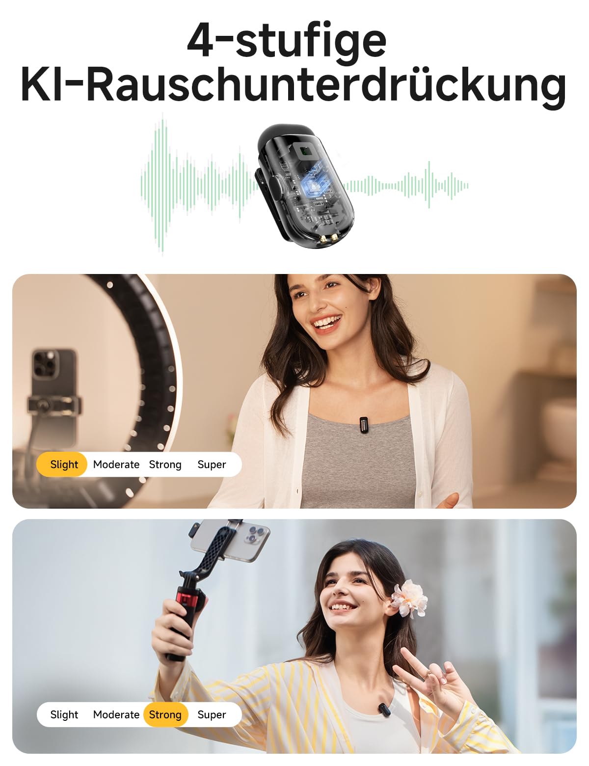 MAONO Kabelloses Handy Mikrofon - USB-C Wireless Mini Mikrofon für iPhone 17/16/15 Android, 4 Level Rauschunterdrückung, KI Stimmenwechsel, 30h Laufzeit, Mic für Vlog, YouTube, Aufnahmen, Wave T1 Mini