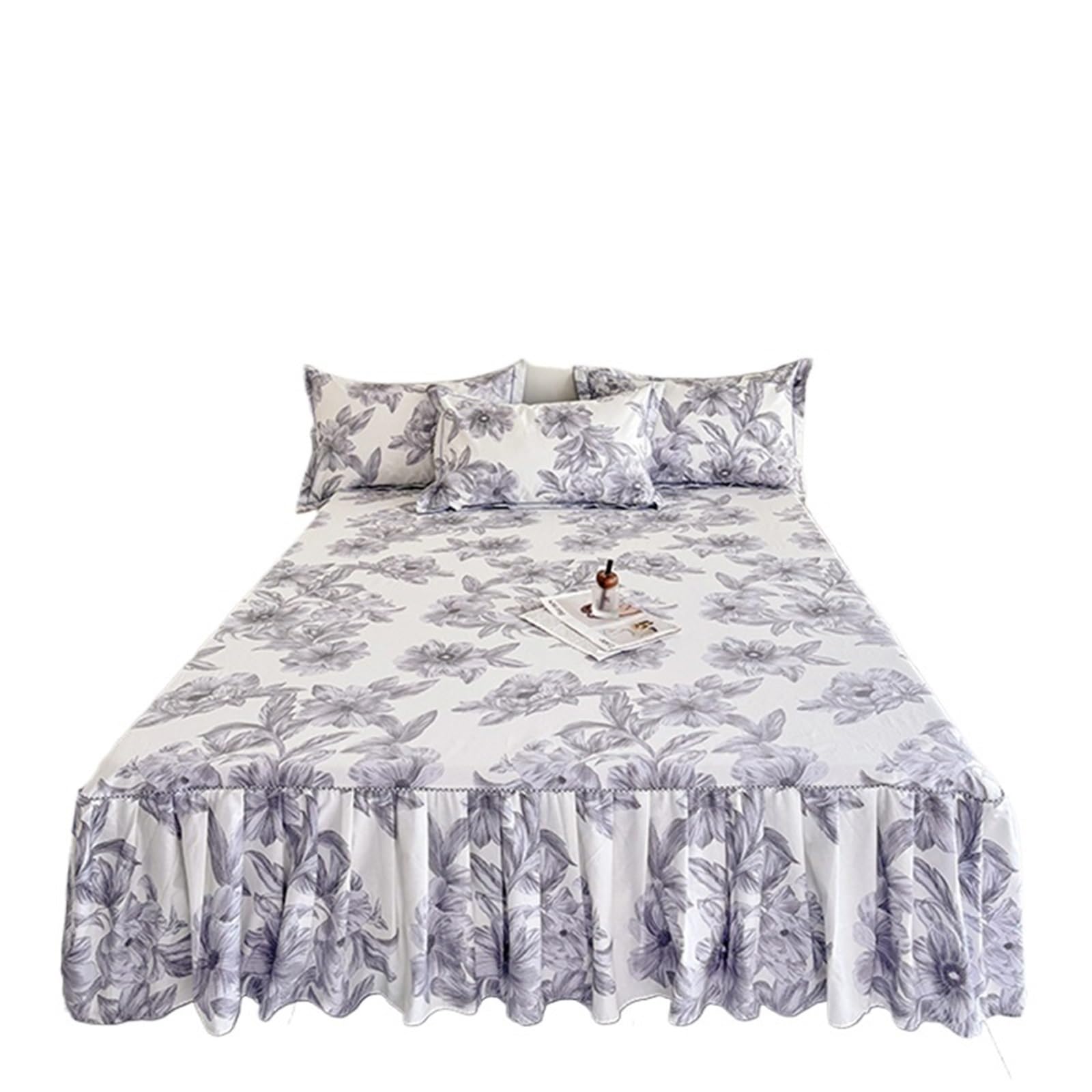 1pc Floral Style Bed Skirt Bedspread Cover Home Ruffles Linen Falda De Cama (No Pillowcase)(D,Queen 150x200cm 1pc)