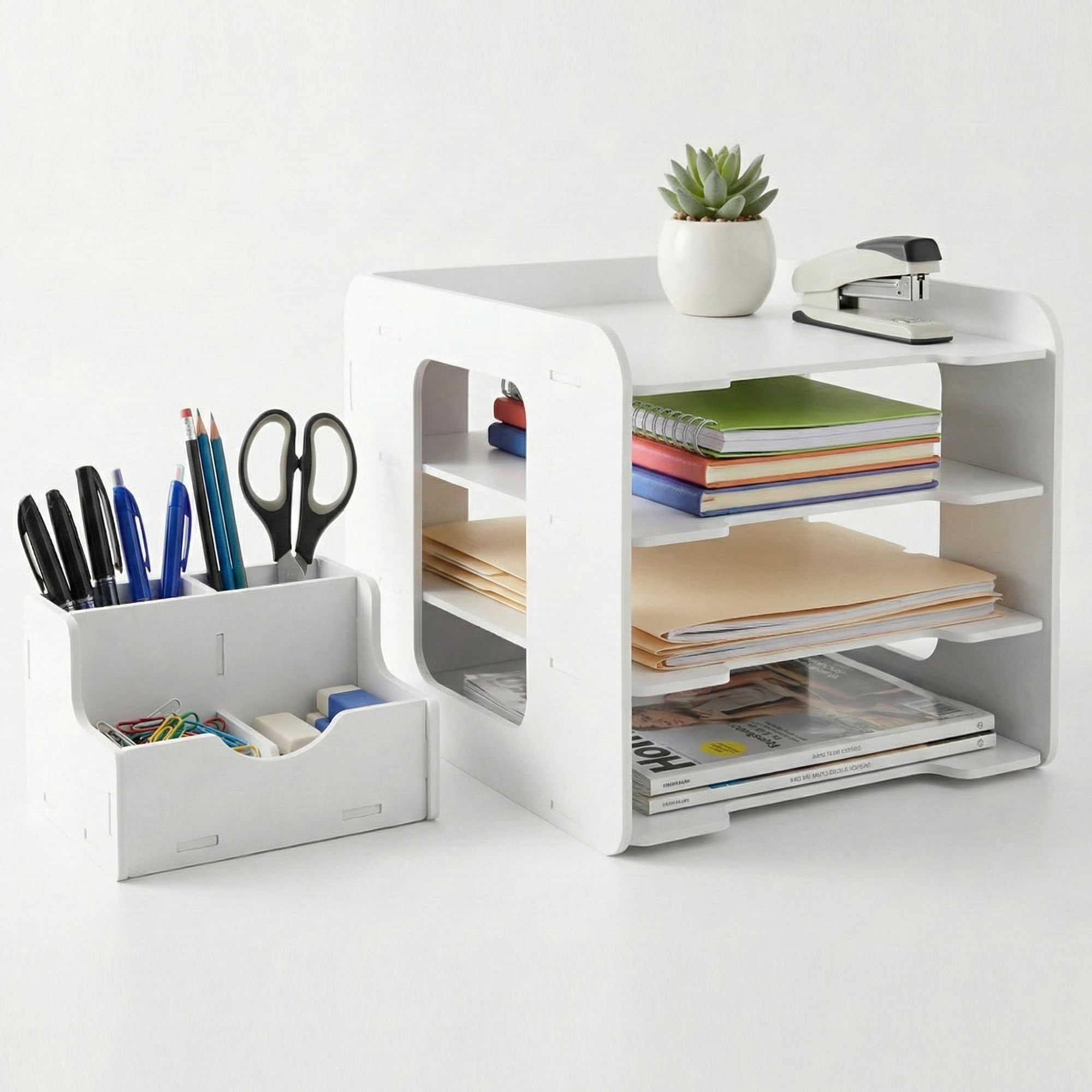 Desk Organizer, 4-Tier File Organizer for Desk, Letter Tray Paper, Desktop Document Sorter for Letter, File Folder Holder with Pen Holder for Office, Home or School- White MLT001W4