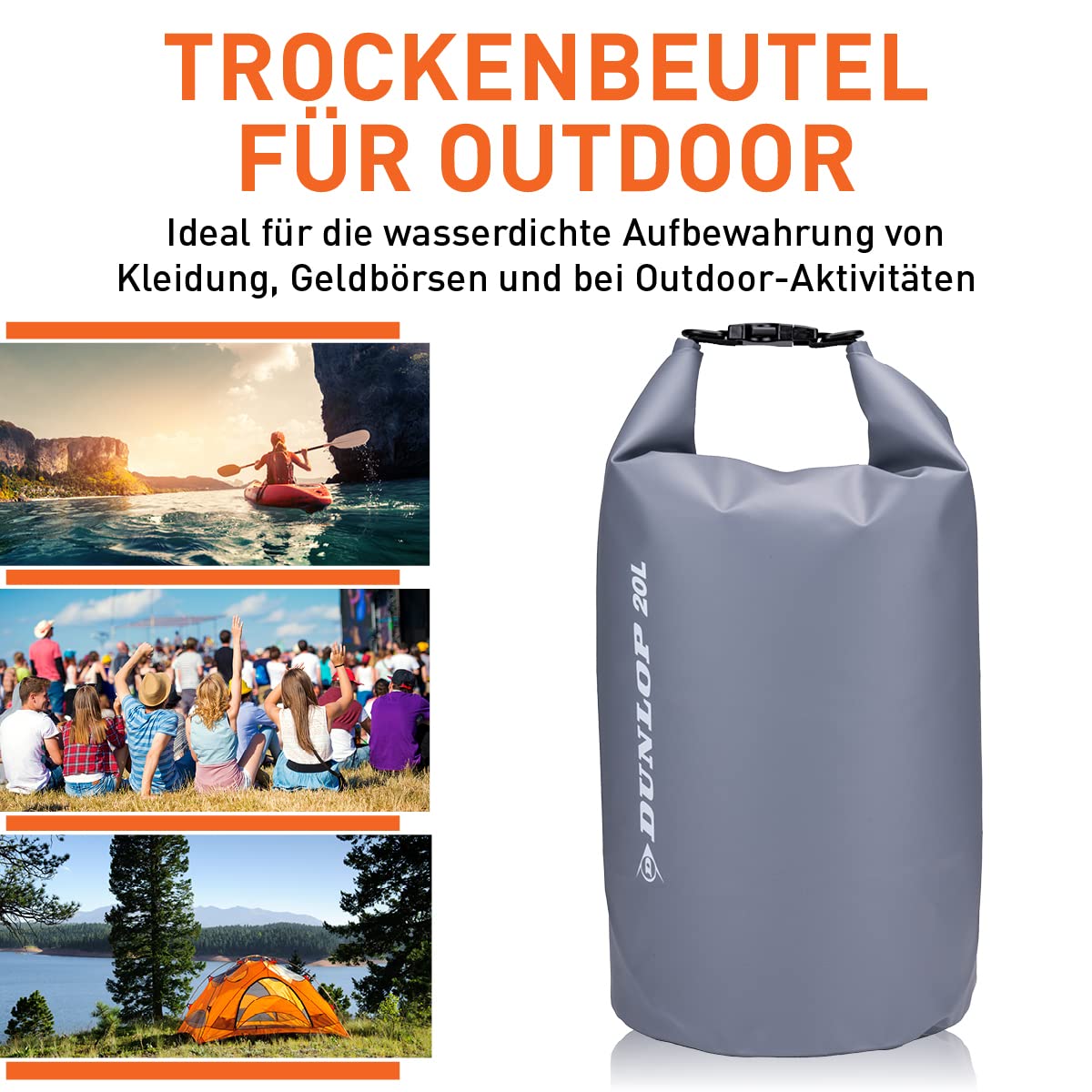 Dunlop Dry Bag – wodoszczelna torba – 20 l – plecak wodoszczelny, worek marynarski, worek podróżny, worek na wodę, szary, szary, drybag 20l
