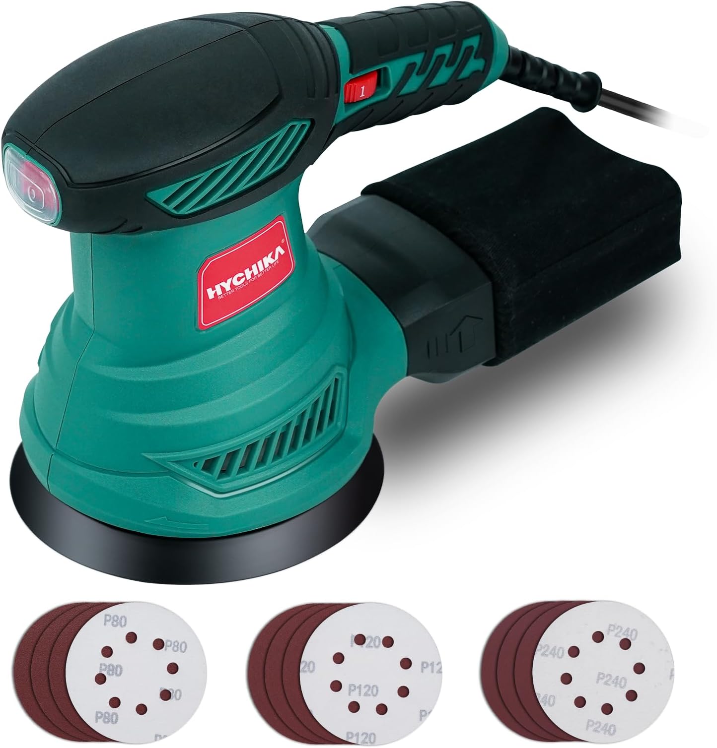 HYCHIKA 5-Inch Random Orbital Sander, 13000RPM Electric Orbital Sander with 6 Various Speeds, Palm Sander with 12 Pcs Sandpapers, 1 Pcs Dust Bag, Fit for Woodworking/Sanding