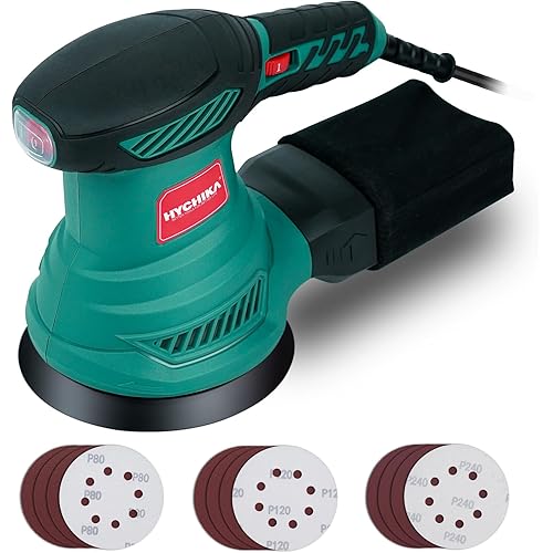HYCHIKA 5-Inch Random Orbital Sander, 13000RPM Electric Palm Sander with 6 Variable Speeds, Powerful Motor, 12PCS Sandpapers and Efficient Dust Collection Bag, for Woodworking, Finishing and Polishing