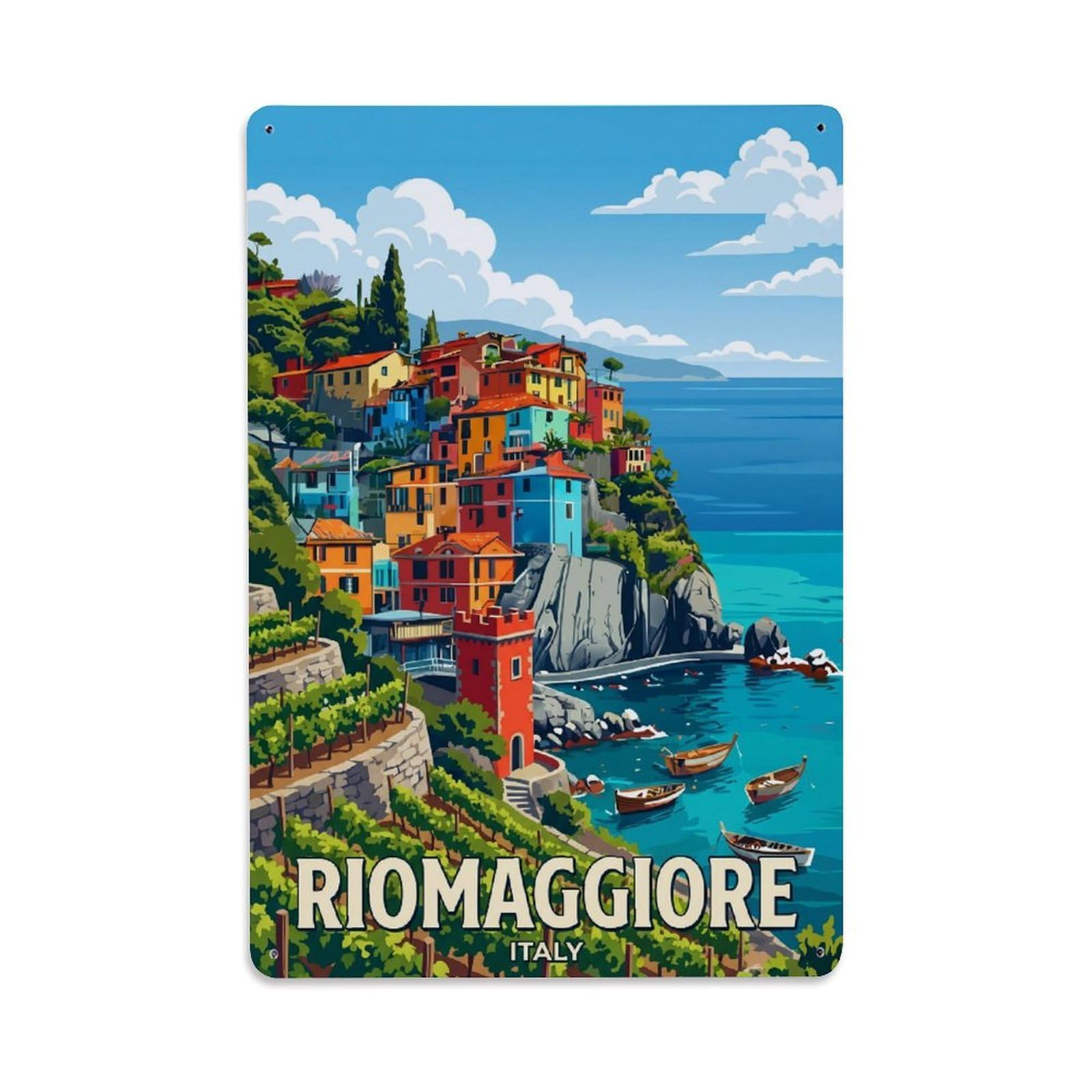 Riomaggiore Italian Riviera Retro Harbor Travel Metal Tin Sign Plaque Wall Decor for Cafe, Man Cave, Club Bar, Office, Home Garden Round Metal Poster 8x12Inch