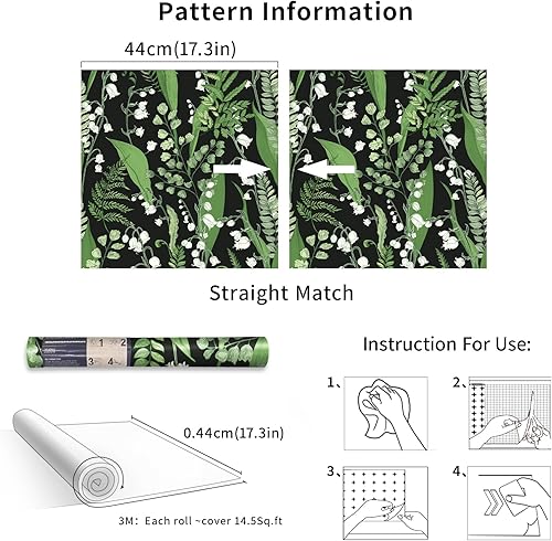 Miniatura 6 de Simon&Siff Papel tapiz vintage para despegar y pegar, papel tapiz botánico floral verde y negro, autoadhesivo, extraíble, apto para inquilinos,
