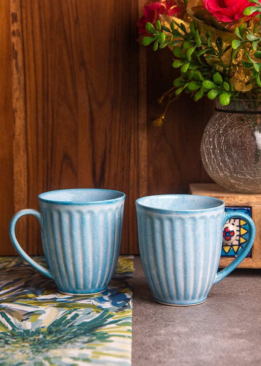 HS HINDUSTANI SAUDAGAR Ceramic Handcrafted Sky Blue Glazed Studio Pottery Tea / Coffee Mug Set of 2 ( 350 ML , Microwave & Dishwasher Safe)