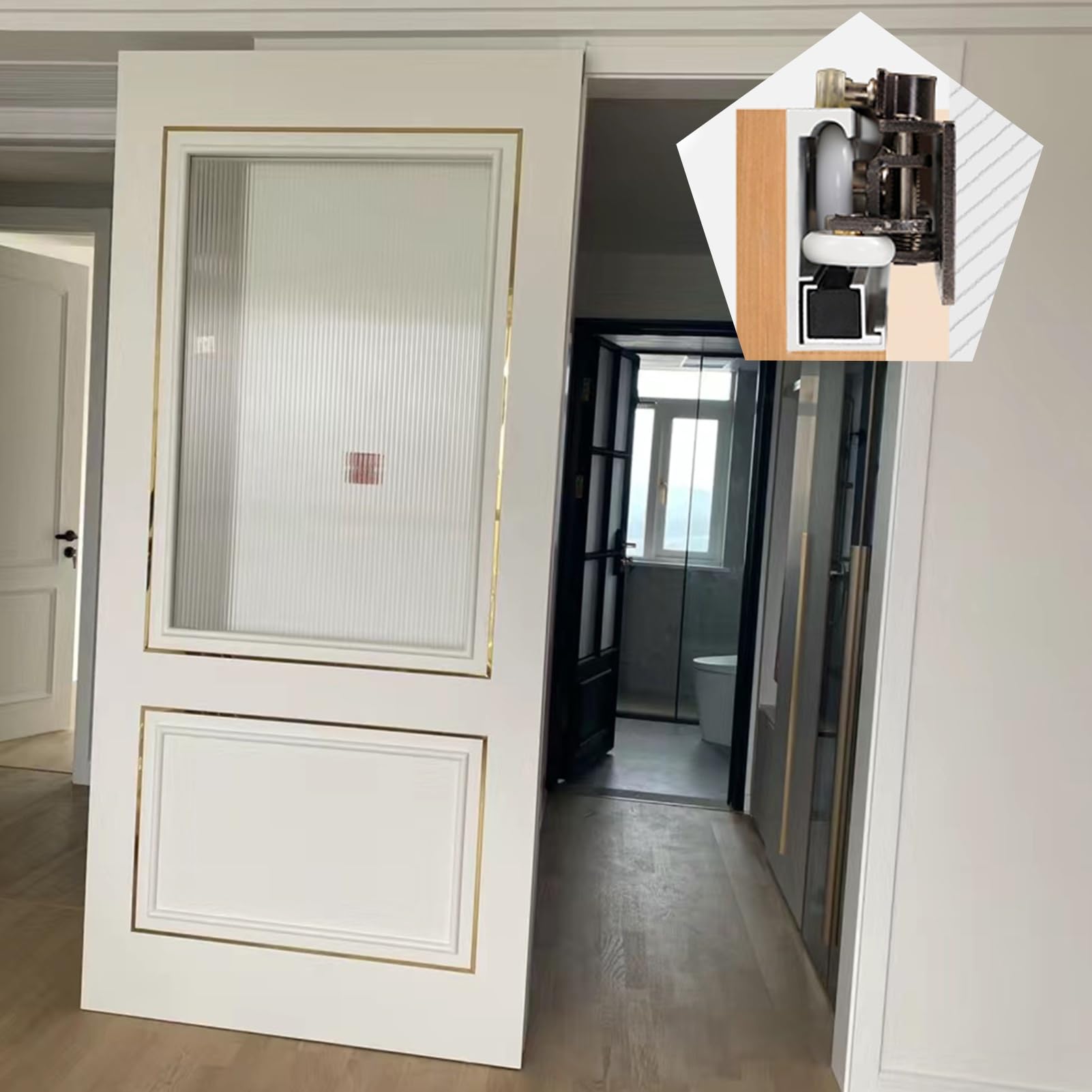 Kit de herrajes ocultos para puerta corrediza con mecanismo de cierre suave para una instalación silenciosa en la puerta interior