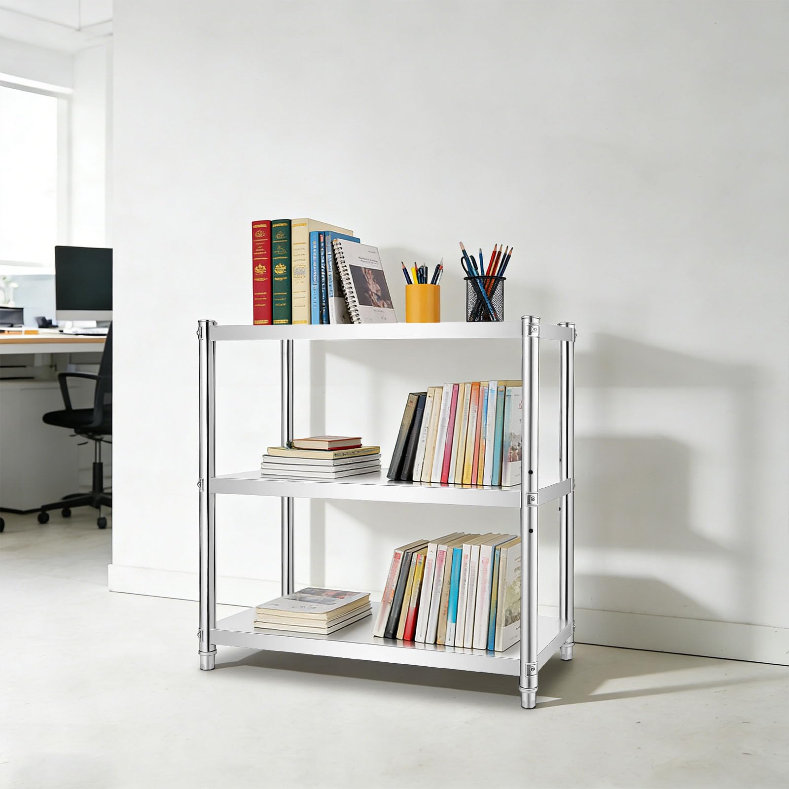 Mesa de trabajo de acero inoxidable, 80 x 80 x 40 cm, soporta 30 kg, 3 estantes, mesa de acero inoxidable, estantería de cocina, para gastro, para cargas pesadas, para barbacoa, cocina, hogar