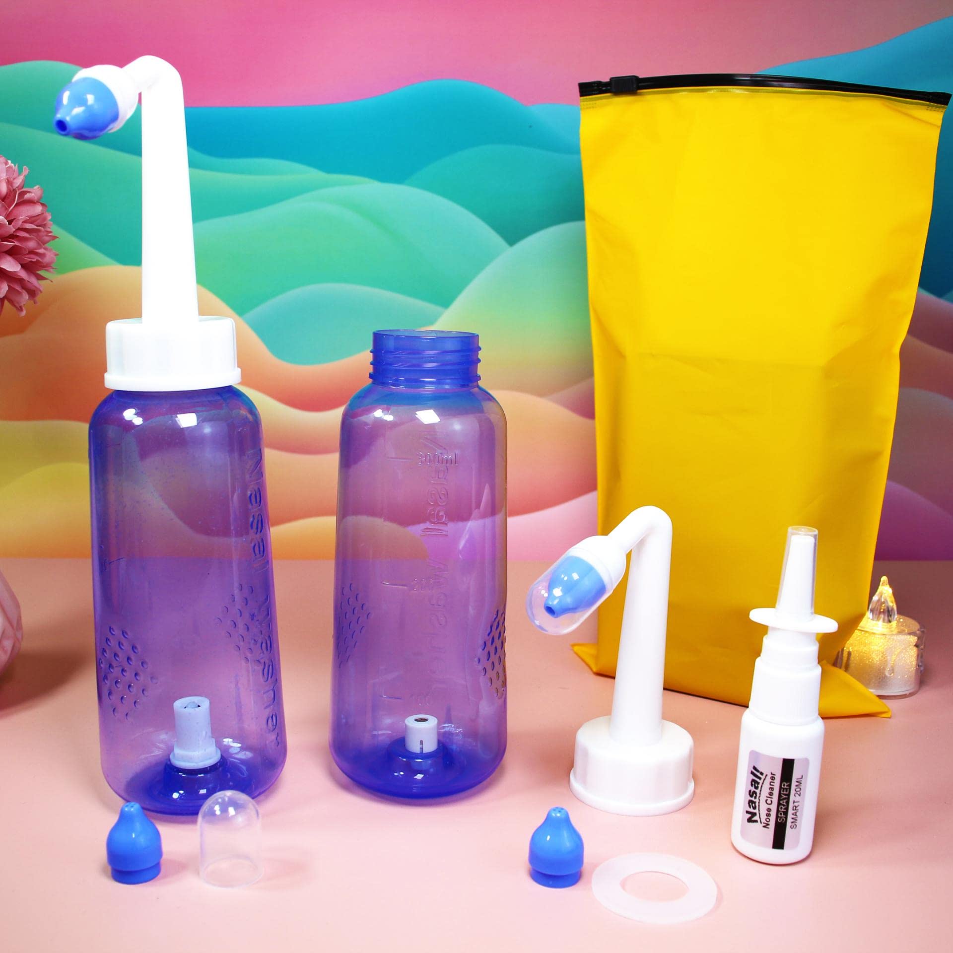 Lot de 2 pots Neti – |2 bouteilles + 4 buses| +pulvérisateur nasal (flacon uniquement) – 300 ml – Kit de rinçage pour sinus –Nettoyant pour le nez et irrigation des sinus –Pulvérisateur nasal bloqué