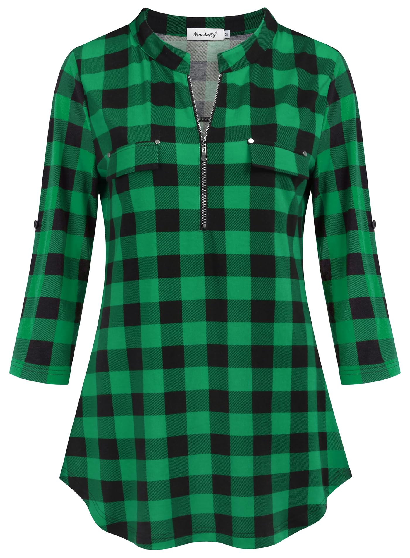 Ninedaily Women's 3/4 Sleeve Plaid Shirts Zip Floral Casual Tunic Blouse Tops: Small Black Green Plaid