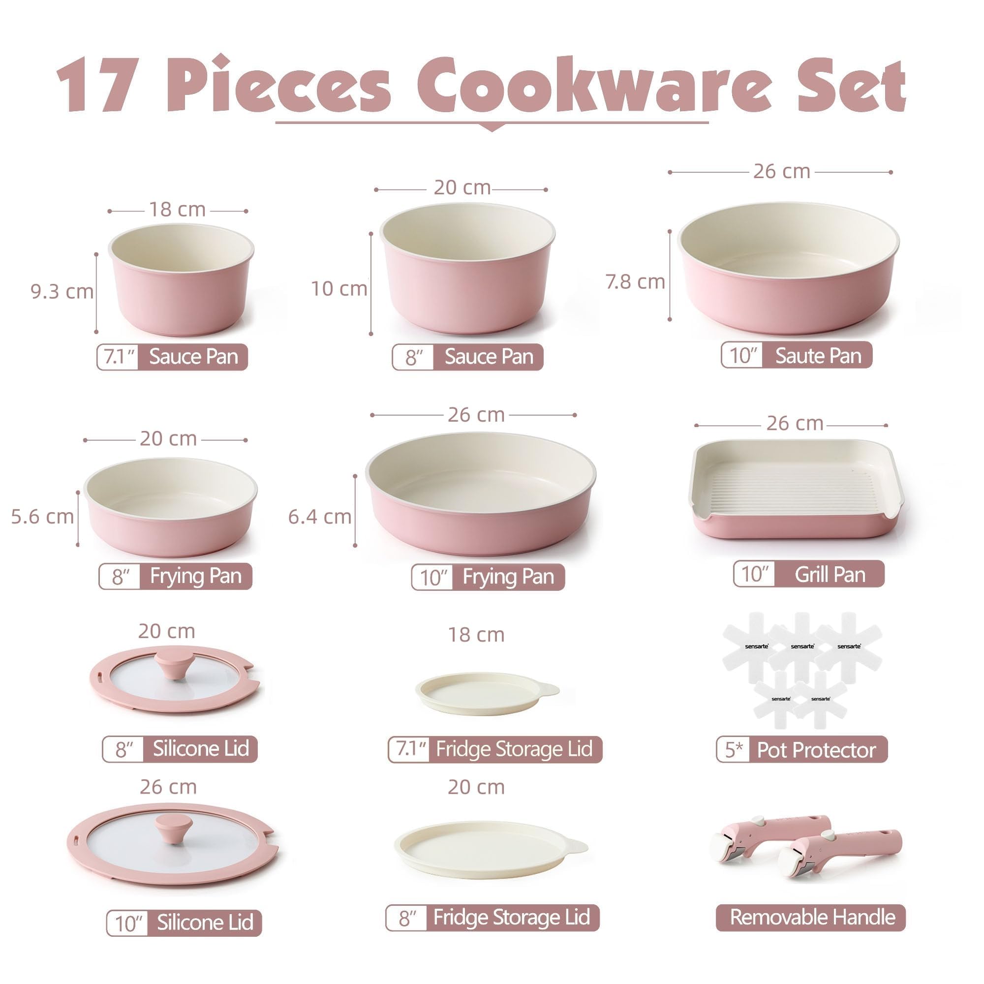 SENSARTE Juego de Ollas y Sartenes de Cerámica 17 Piezas, Utensilios de Cocina Antiadherentes con Mango Desmontable, Apto para Todo Tipo de Cocinas, Aptos para Lavavajillas y Horno (Rosa)
