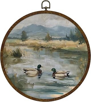 KLYTINK Vintage Mallard Duck Round Wall Art,Retro Animal Canvas Print Wall Hanging Decor for Living Room Dining Room Hallway, 10x10Inch, Unique Gift for Friends,Nature LoversBeige-Ducks