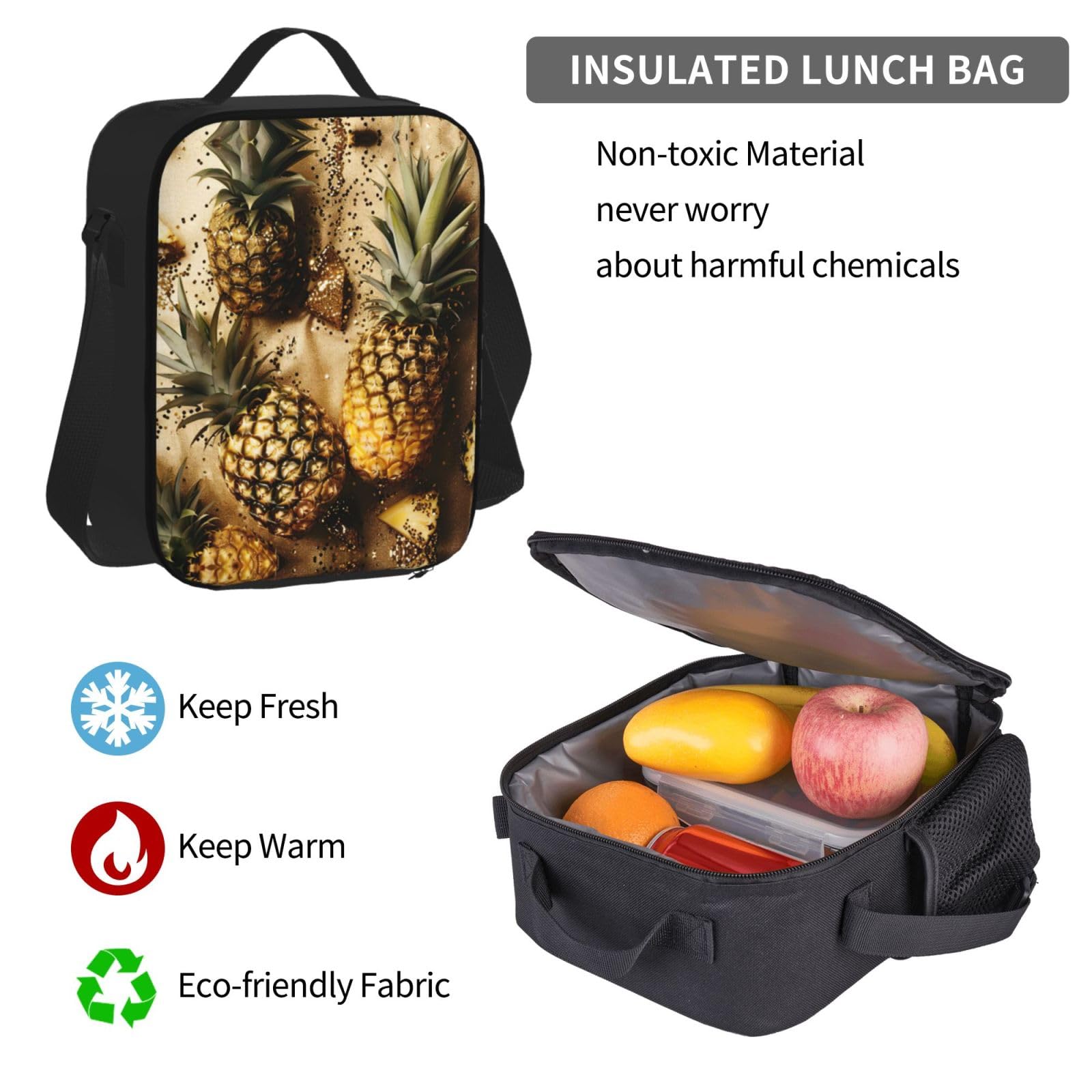 Zainetto con ananas e frutta, 3 pezzi, 40,6 cm, per la scuola, con scatola per il pranzo, grandi zaini per la scuola elementare, Nero , Taglia unica, Set di zaini per la scuola