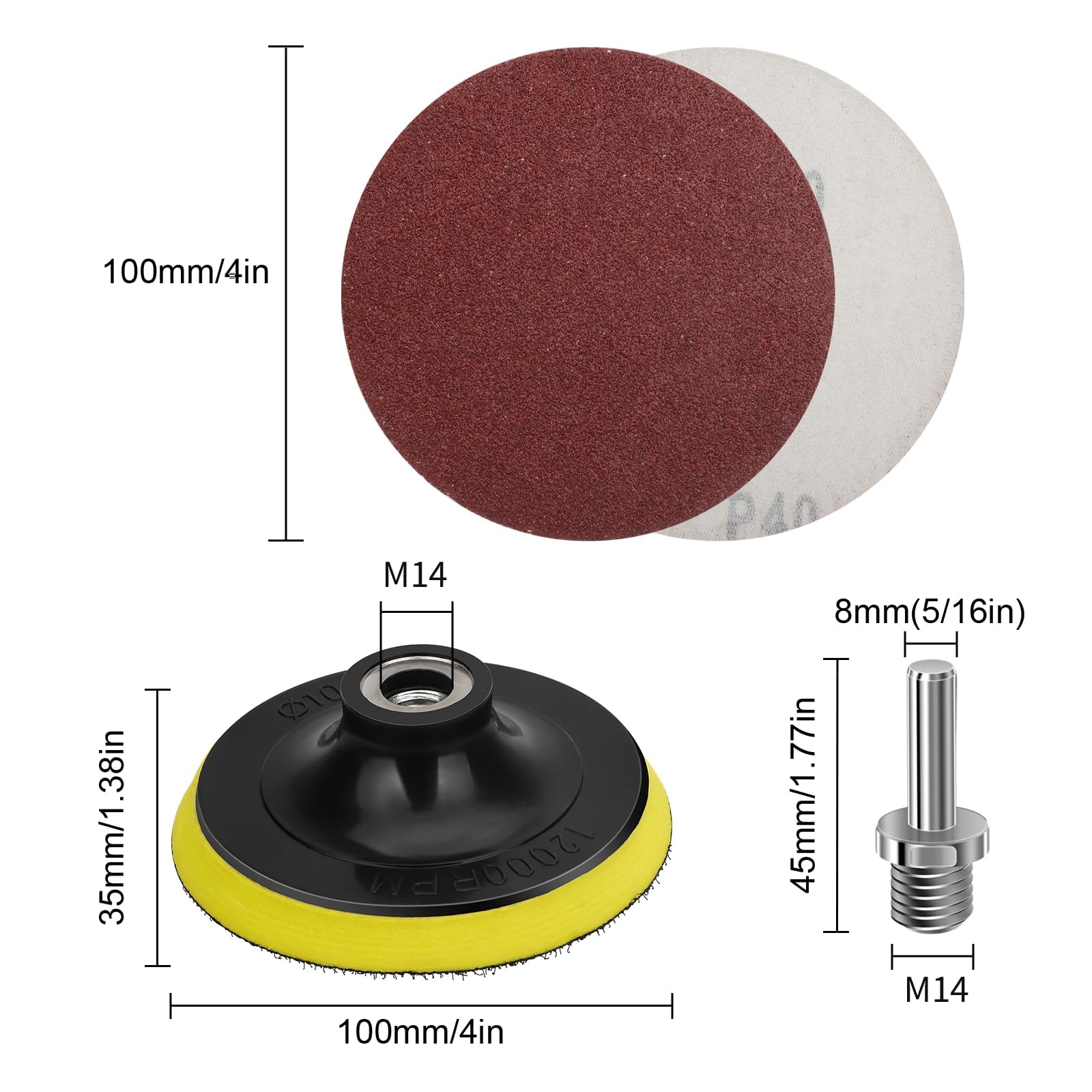 Discos de lijado para amoladora angular de 4 pulgadas, 100 discos de papel de lija con almohadilla de respaldo de gancho y bucle de 4 pulgadas y adaptador de taladro de 1/4 pulgadas,