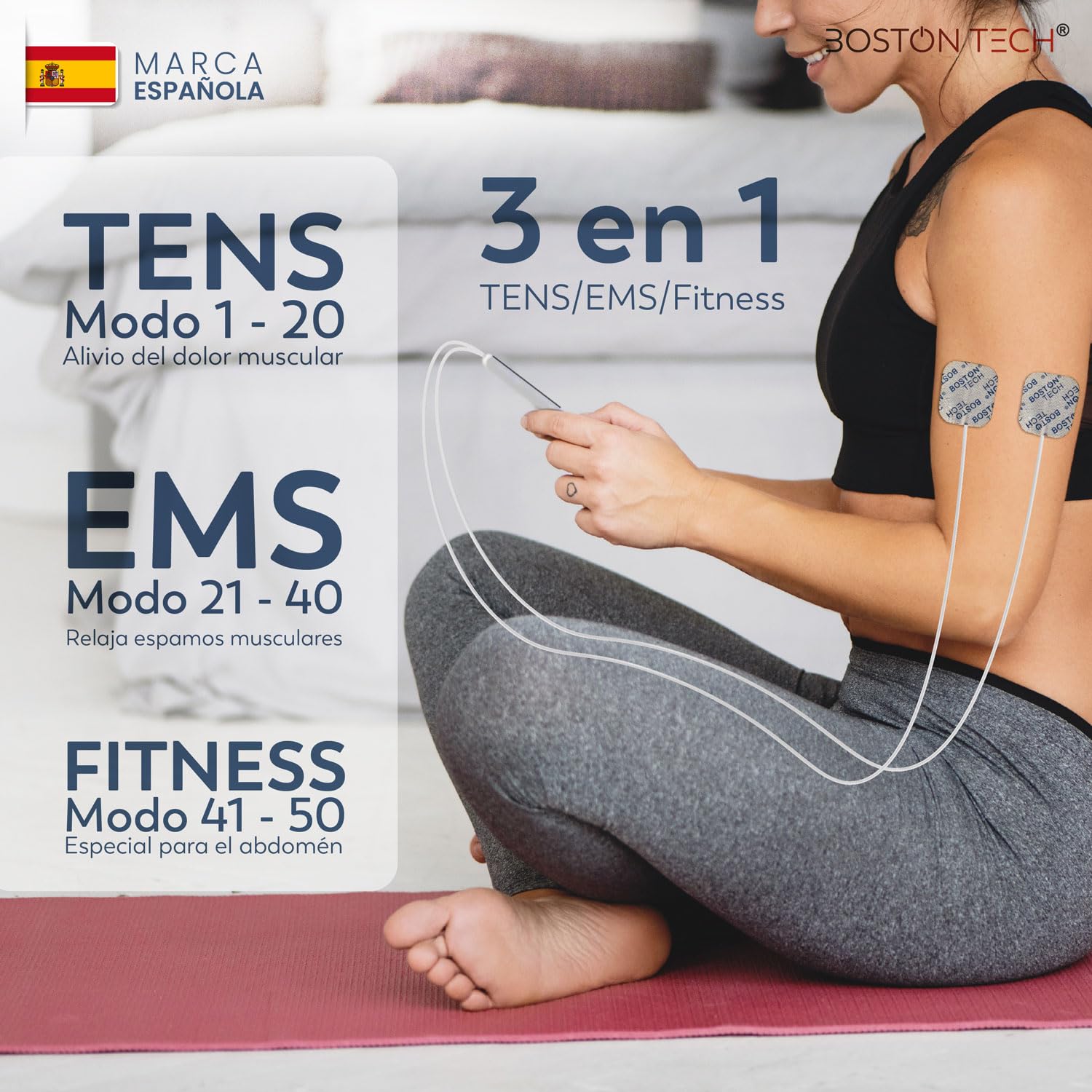 Electroestimulador Muscular TENS/EMS/FITNESS 3 en 1 | Boston Tech® ME91 | 50 Programas, 16 Intensidades, 2 Canales | Alivio del Dolor, Rehabilitación y Magnetoterapia + 4 Electrodos Reutilizables