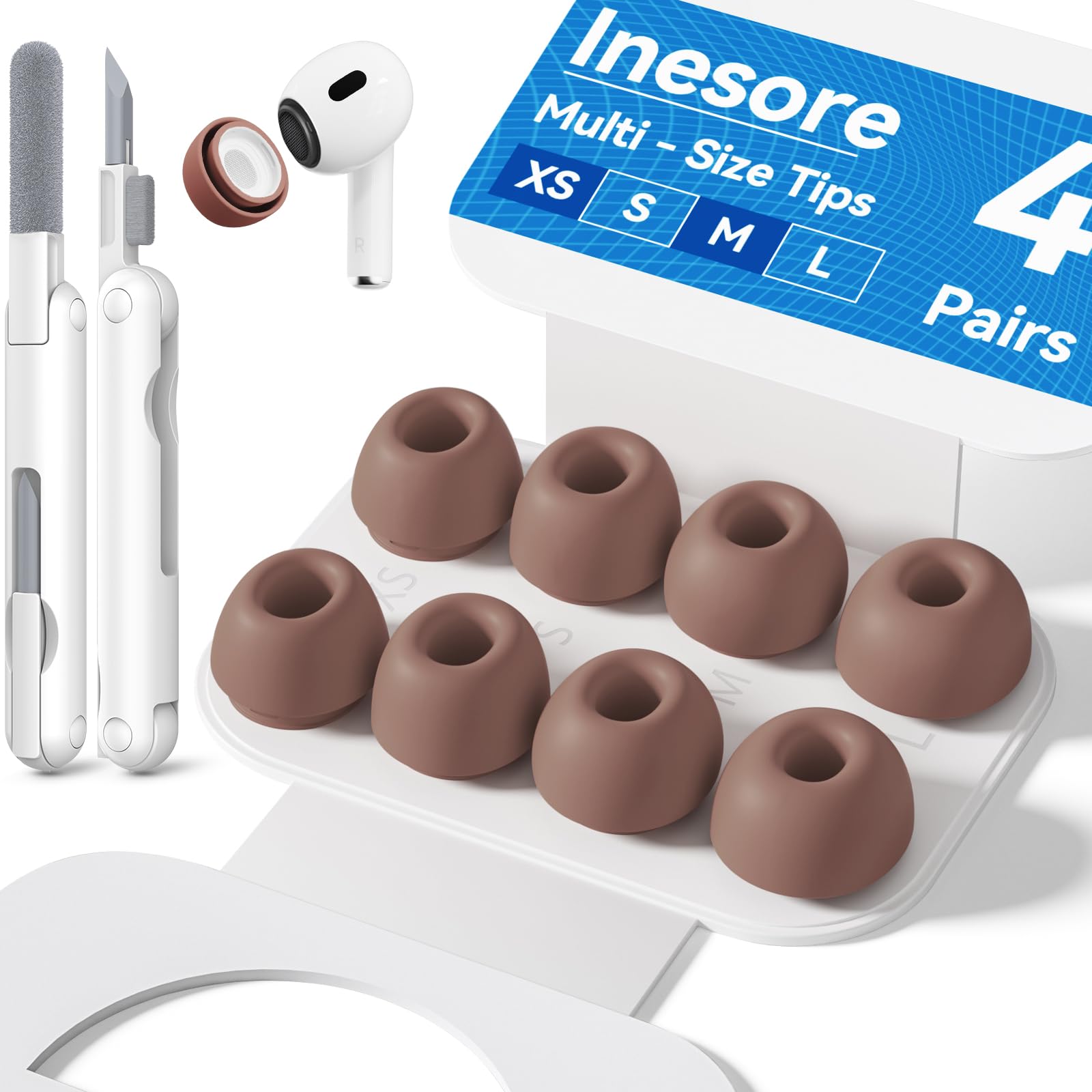 Inesore 4 Pairs Replacement Ear Tips for AirPods Pro 2nd/1st (Light Brown) | with Noise Reduction Hole & Built-in dust Guard Screen,Silicone,with Portable Storage Box & Cleaner Pen,4 Size (XS/S/M/L) Light brown XS/S/M/L