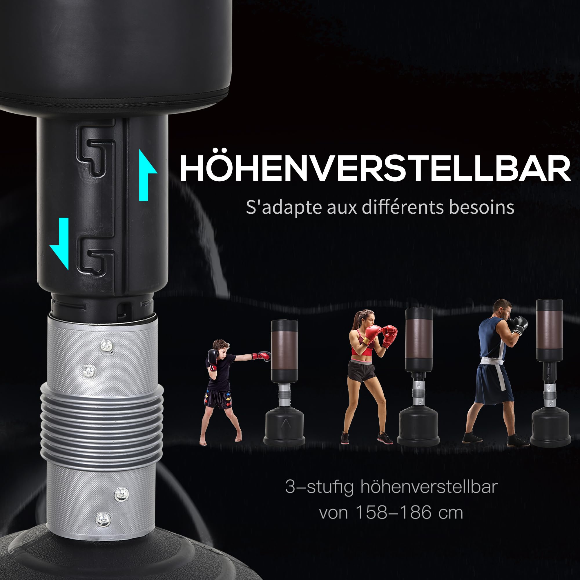 HOMCOM Boxsack Stehend 186cm Erwachsene Freistehender Standboxsack Höhenverstellbar Boxpartner Boxing Trainer Heavy Duty Boxsack schwerer Boxsack-Ständer für Profis und Anfänger