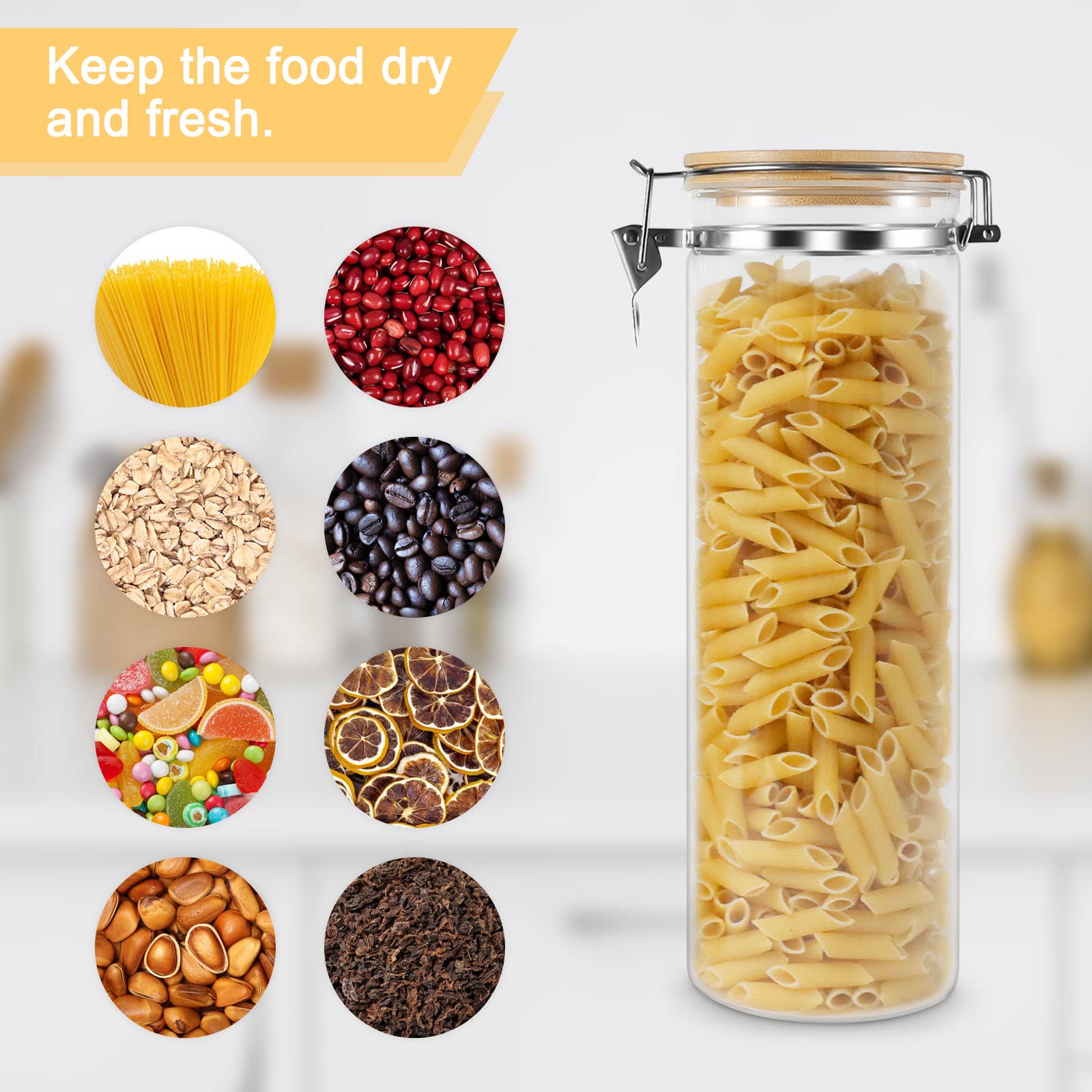 Contenedor de almacenamiento de pasta espaguetis de vidrio con tapas de bambú, 2200 ml x 2 (juego de 2)