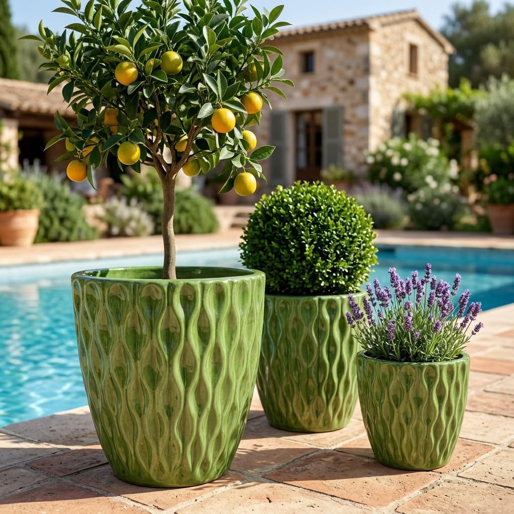 Monet Terrakotta Pflanztopf Apfelgrün, Größe: M - Durchmesser: 28 cm x Höhe: 28 cm, frostbeständig, handgemacht, mediterraner Übertopf für Outdoor Indoor