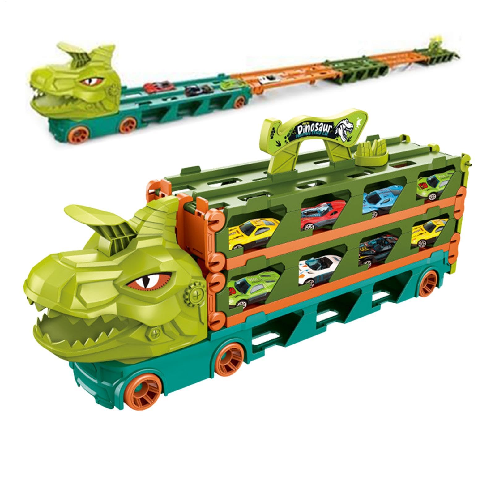 Camión portacoches de dinosaurio,Camión portacoches de dinosaurio | Camión Dino plegable con pista de carreras de 2 eyecciones | Coche de juguete con 8 coches de carreras de metal para niños y niñas d