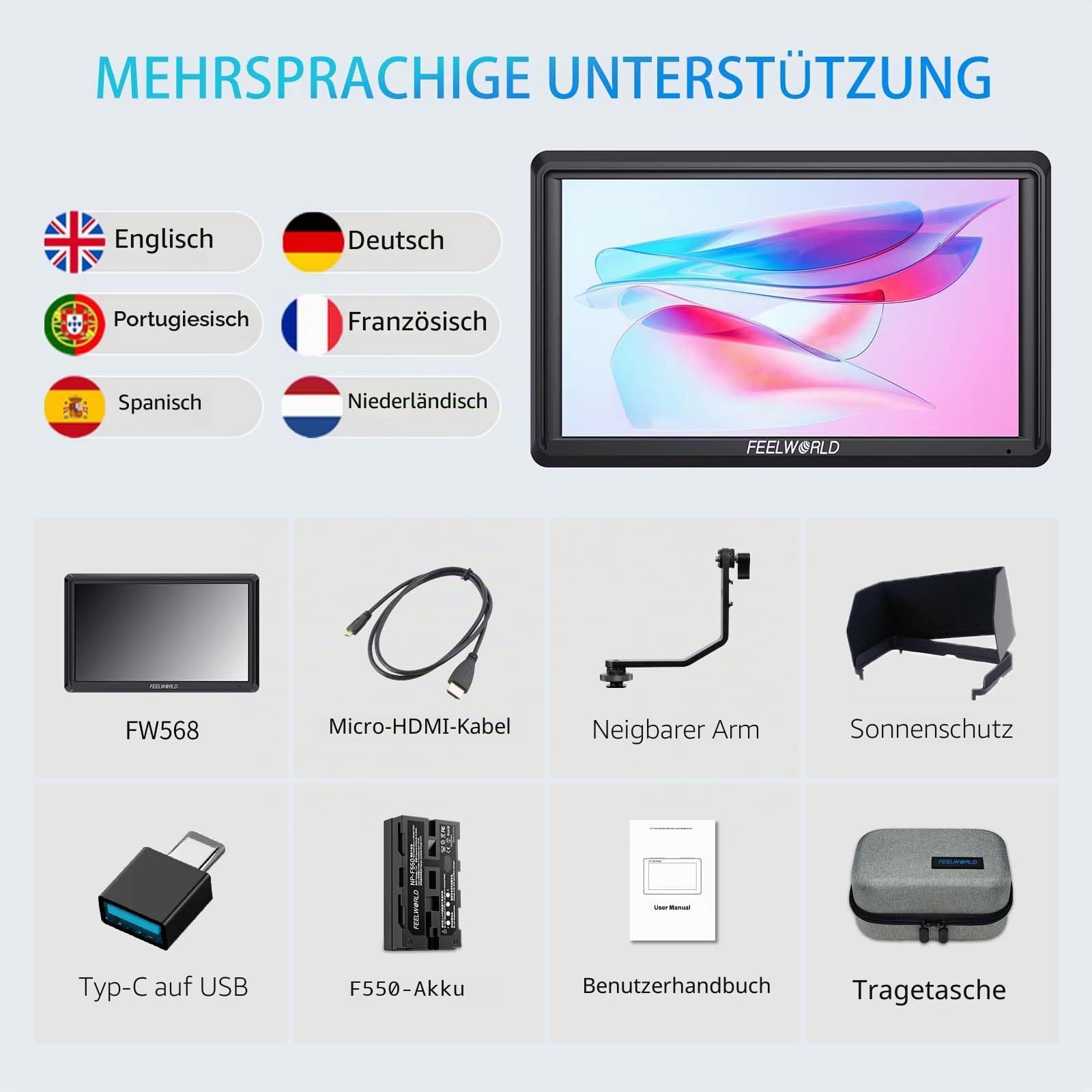 FEELWORLD FW568V3 6 Zoll Kamera FeldMonitor 4K HDMI DSLR Video Externer Monitor 3DLUT mit F550 Akku Kameratasche Sonnenschirm Peaking Histogramm für DSLR