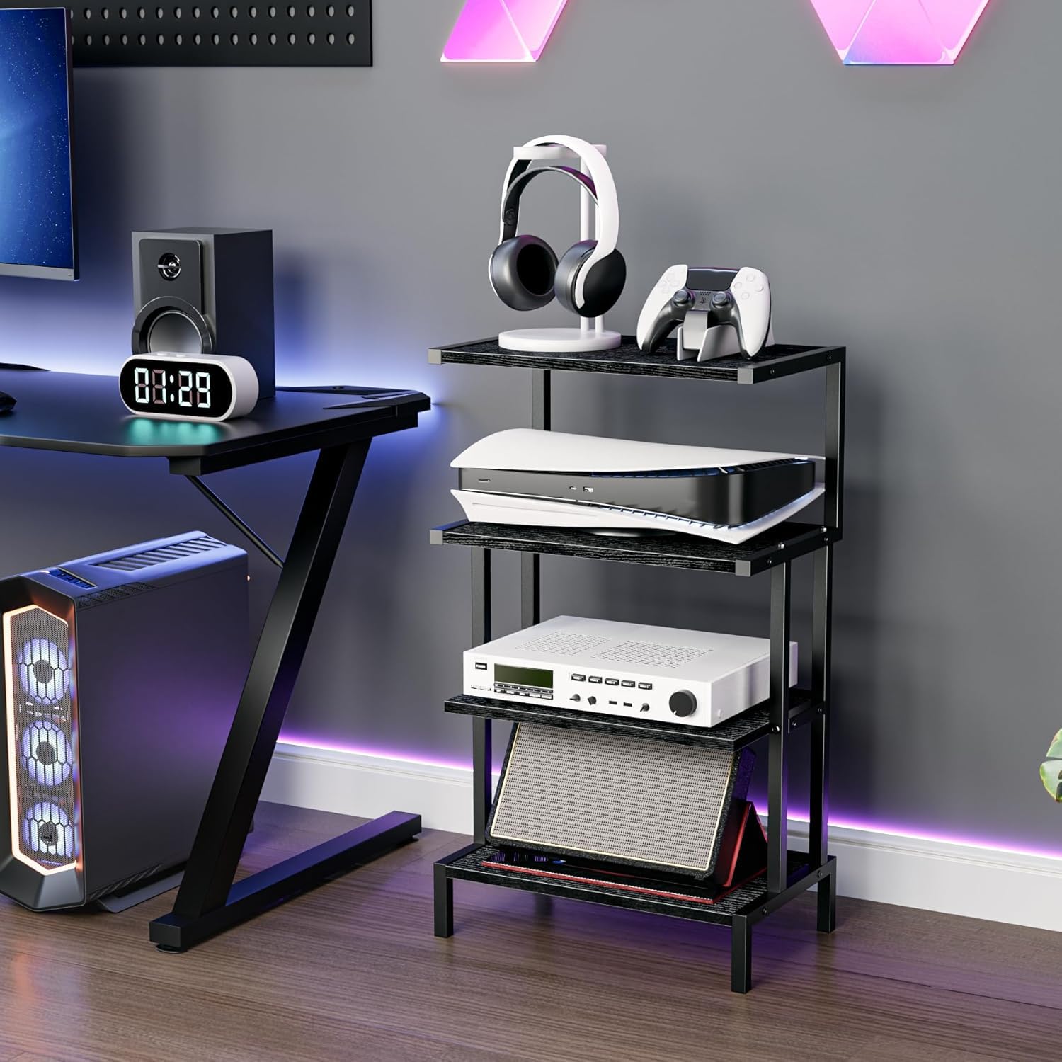 Aquzee Meuble HiFi Bois, Meuble Jeux Vidéo, Petite Table, Table d Appoint Canapé à 4 Etagères, Petits Espaces Espaces Étagère de Rangement pour Équipement Audio, 28P x 45L x 77H cm