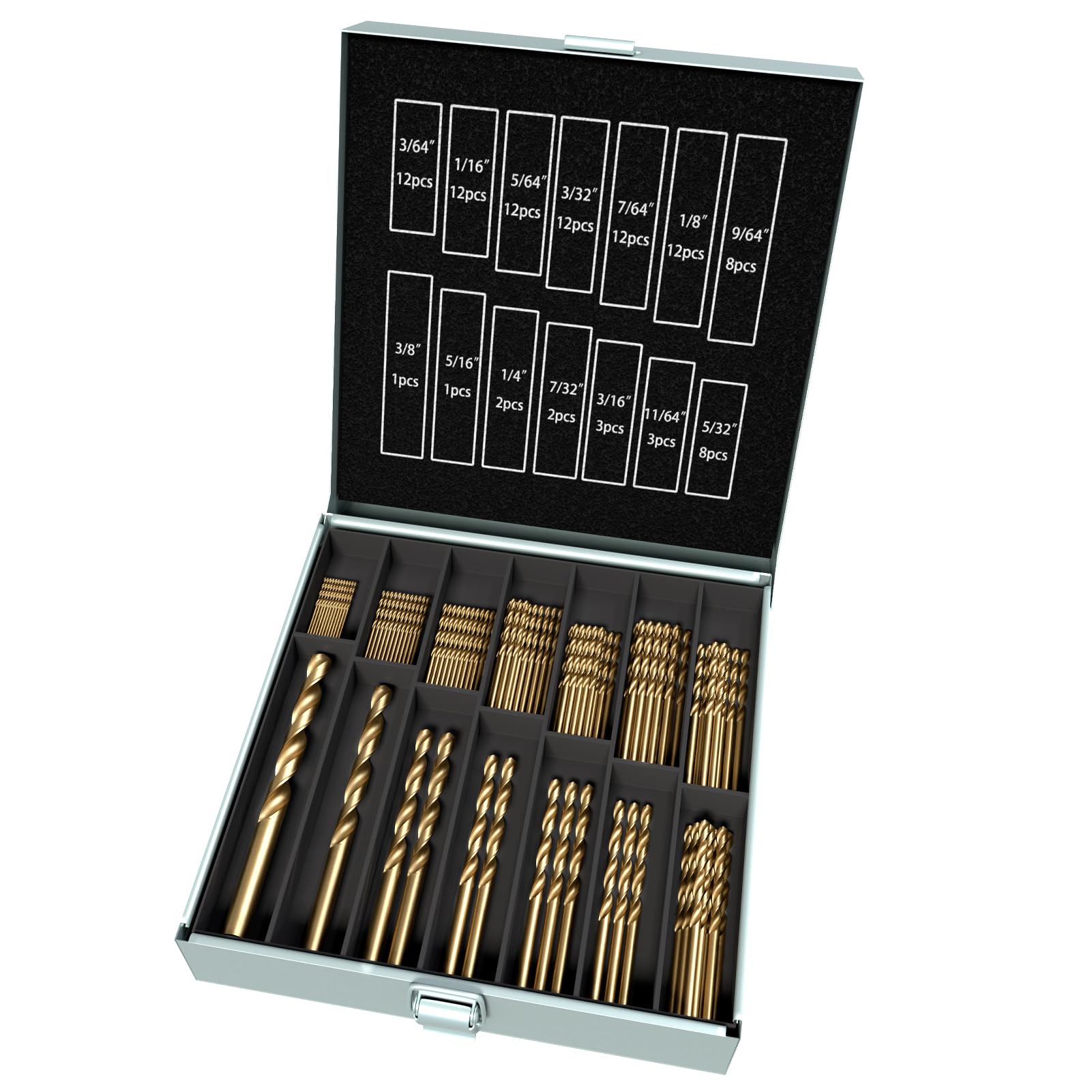 Lot de 100 forets au cobalt, M35 en acier rapide pour métal trempé, acier inoxydable, fonte, bois et plastique, avec étui de rangement d'index, 0,95 cm - 9,5 mm