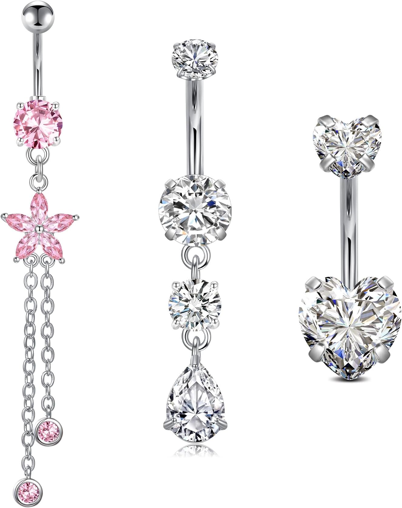LAURITAMI14G Dangle Belly Button Rings - Surgical Steel Silver and Rose Gold CZ Piercing Jewelry for Women