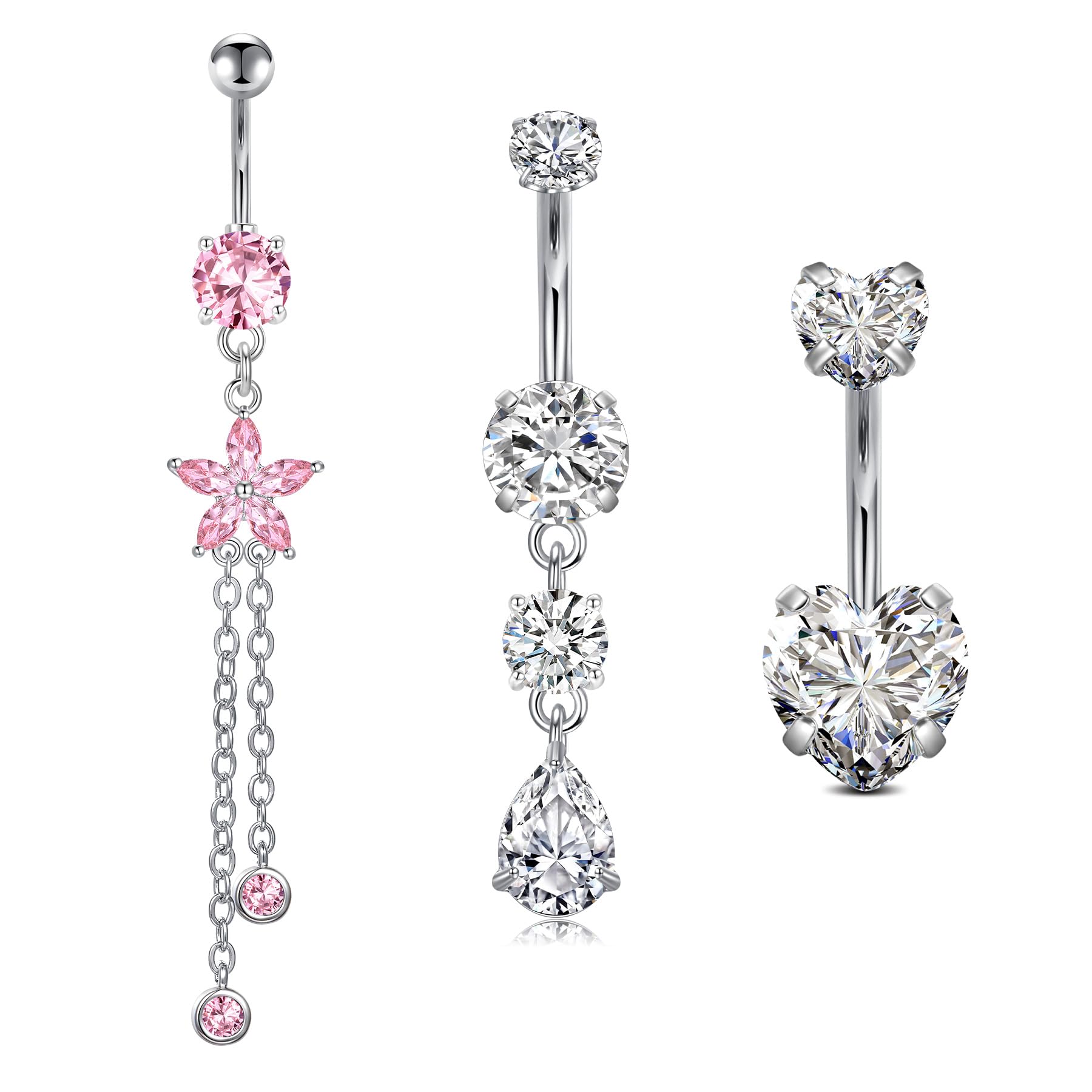 LAURITAMI14G Dangle Belly Button Rings - Surgical Steel Silver and Rose Gold CZ Piercing Jewelry for Women
