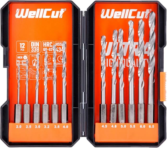 WELLCUT 12-Pieces Durable HSS HEX Shank Steel ¼ 2-6.5mm Drill Bit Set for drilling Hard Plastic/Wood/Stone and Metal Surfaces for DIY and Professionals