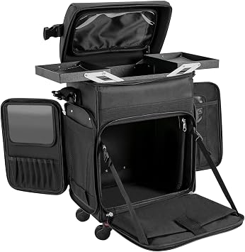 Makeup Train Case, 14.17*10.24*18.9in Multi-Pocket Cosmetology Case Travel Cosmetic Organizer Professional Soft Sided Makeup Case Trolley with Brush Bags for Nail Technicians Estheticians Embroiderers